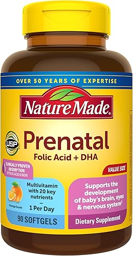Nature Made Prenatal con ácido fólico + DHA, suplemento vitamínico y mineral prenatal para apoyo nutricional diario, 90 cápsulas blandas, suministro