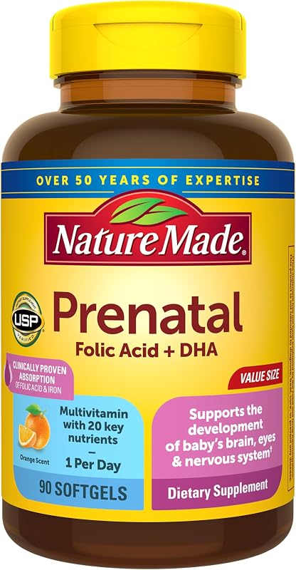 Vitaminas prenatales Nature Made para mujeres con ácido fólico + DHA, 90 cápsulas blandas | Suplemento prenatal de vitaminas y minerales para apoyo nutricional diario, con ácido fólico y otros 19 nutrientes, suministro para 90 días