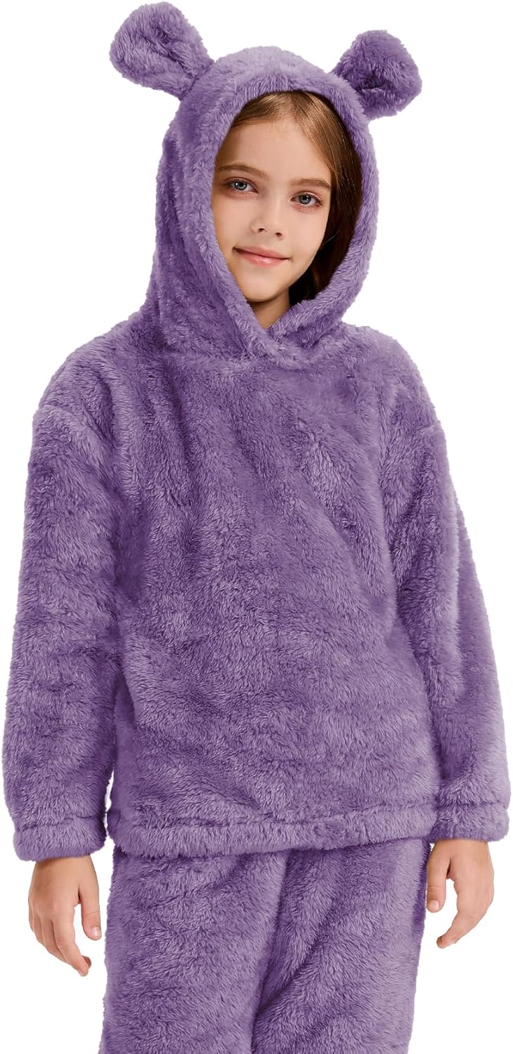 Flygo Girls Fuzzy Pants Set Crop Hoodie Bear Ear Two Piece Outfits Fluffy Sweatshirt and Fleece Pants Sweatsuit - Image 5