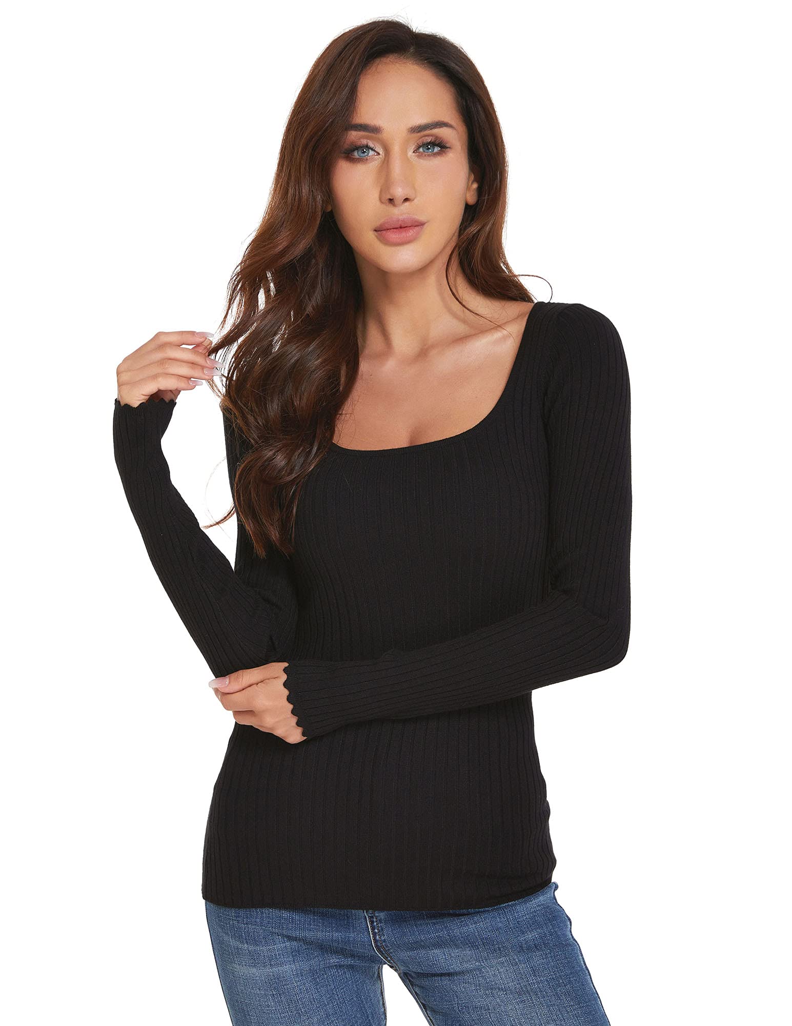 Amélieboutik Women's Black Scoop Neck Long Sleeve Scalloped Cuff Ribbed Pullover Jumper ( Large 14)