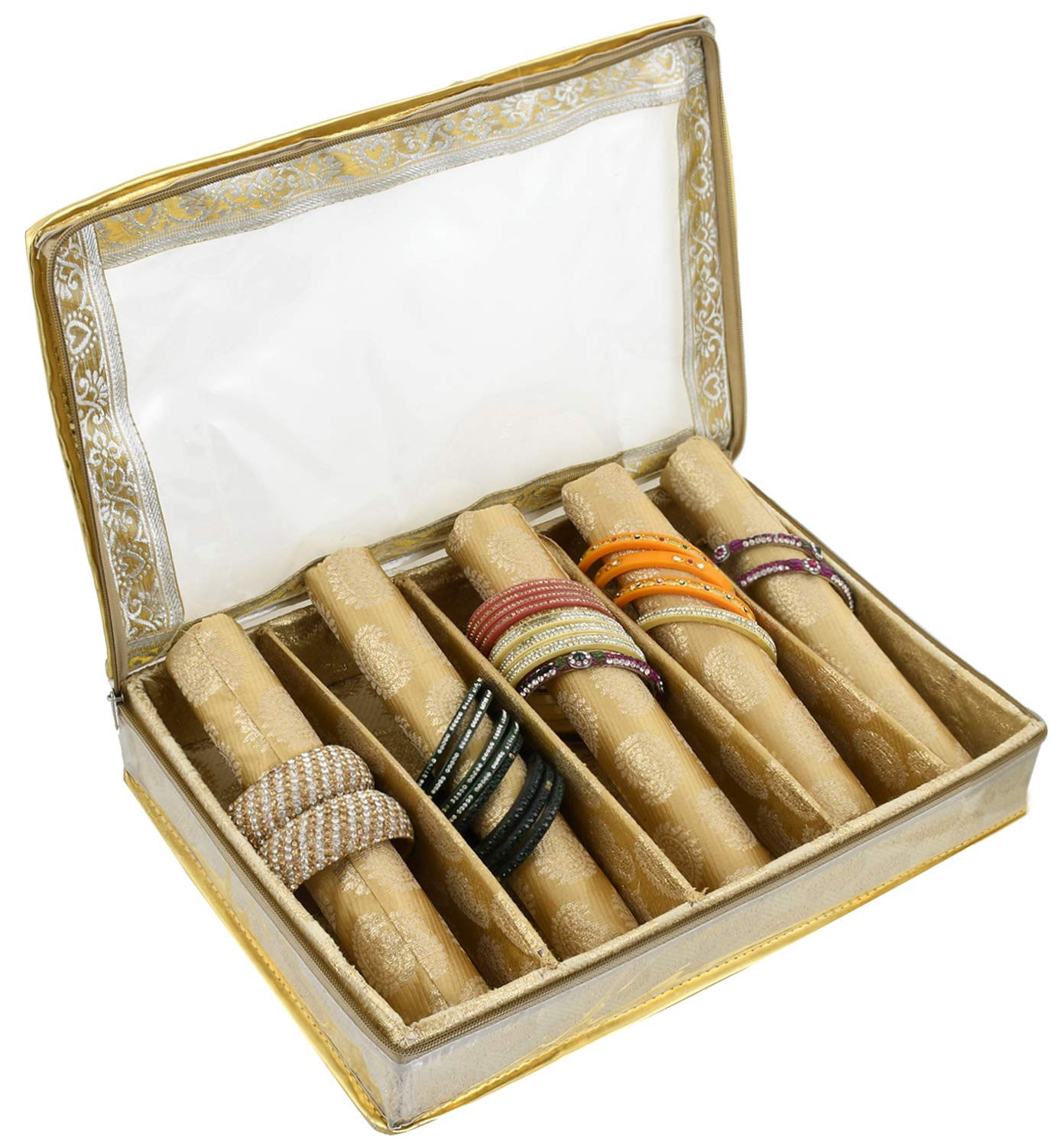 Kuber Industries Carry Design Brocade Hardboard Five Rod Bangle Box (Gold) -CTKTC38753