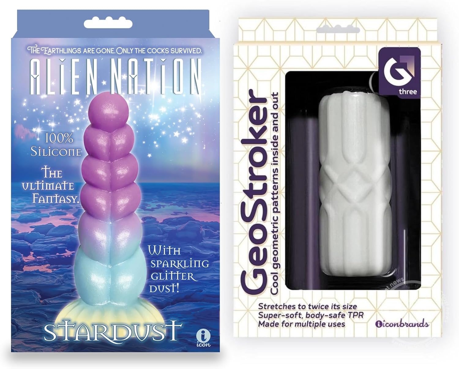 Couples Sex Toy Bundle of AlienNation Stardust Silicone Creature Dildo - Multicolor and Icon Brands GeoStroker 3 Stroker - White