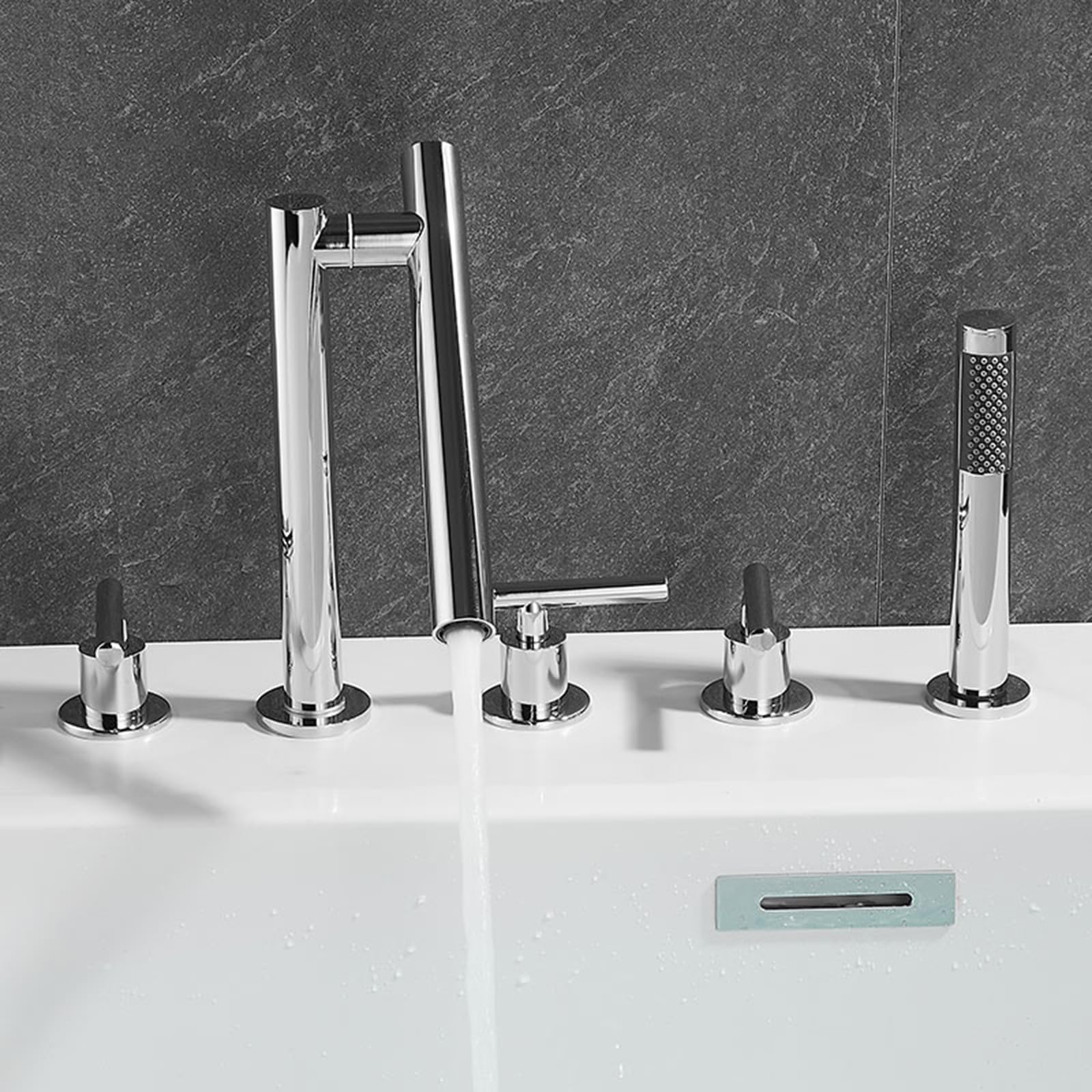 Badewannenarmatur mit Handbrause Wannenrandarmatur Messing Schwenkbar Wasser Kalt und Heiß Mischbatterie Badewanne mit Brause 5 Loch-Verchromt
