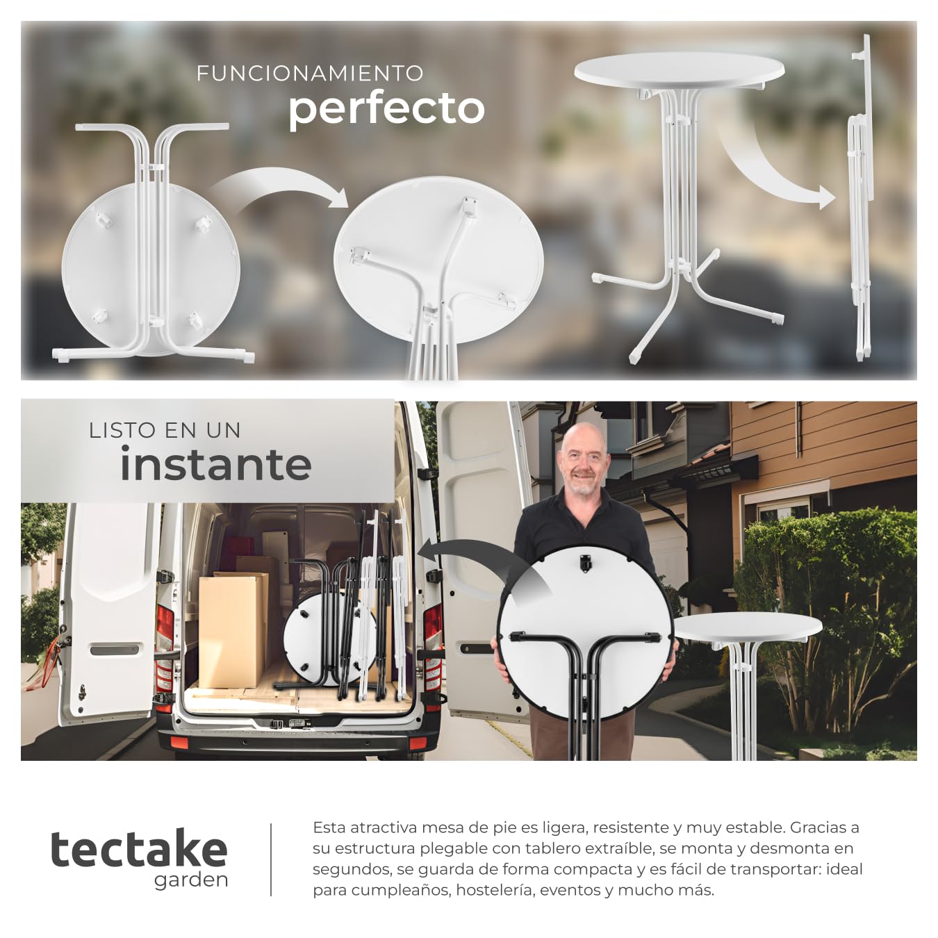 tectake® Mesa Alta con Estructura Plegable para Cocina, Comedor y Bar, Incluye Funda Lavable de Poliéster, Tablero de MDF Robusto, Estructura de Acero, Pies Antideslizantes, Fácil de Limpiar - Blanco