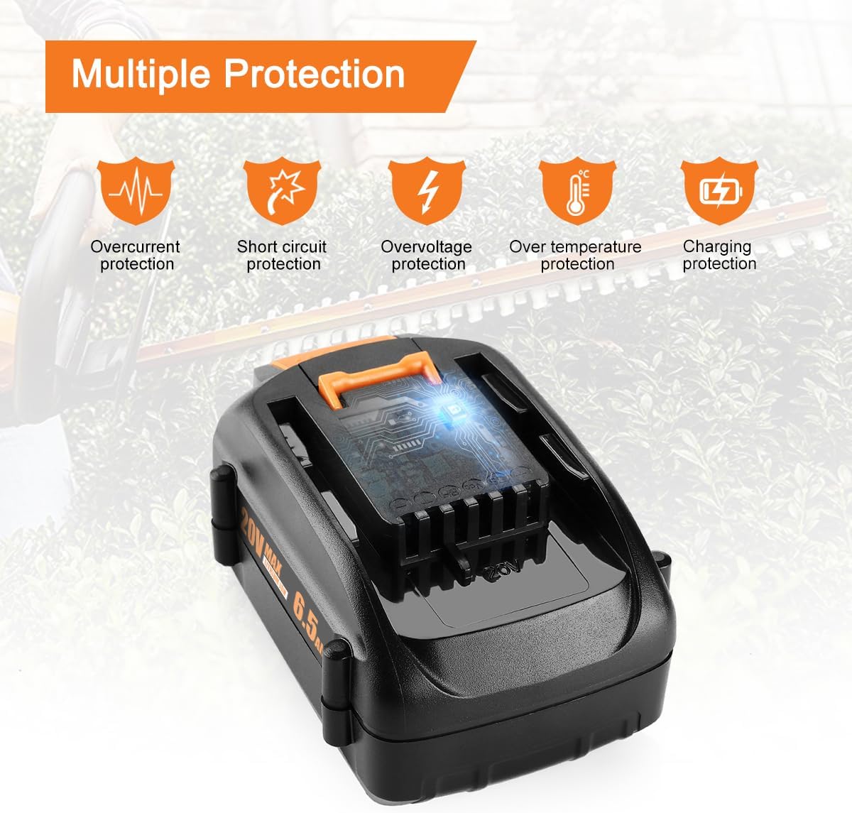 20V 6.5Ah High-Capacity Battery Replacement for Worx Battery 20V PowerShare WA3578 WA3674 WA3575 WA3525 WA3520 WG155s WG251s WG890 WG891 Compatible with Worx 20 Volt Cordless Tools (2 Pack)