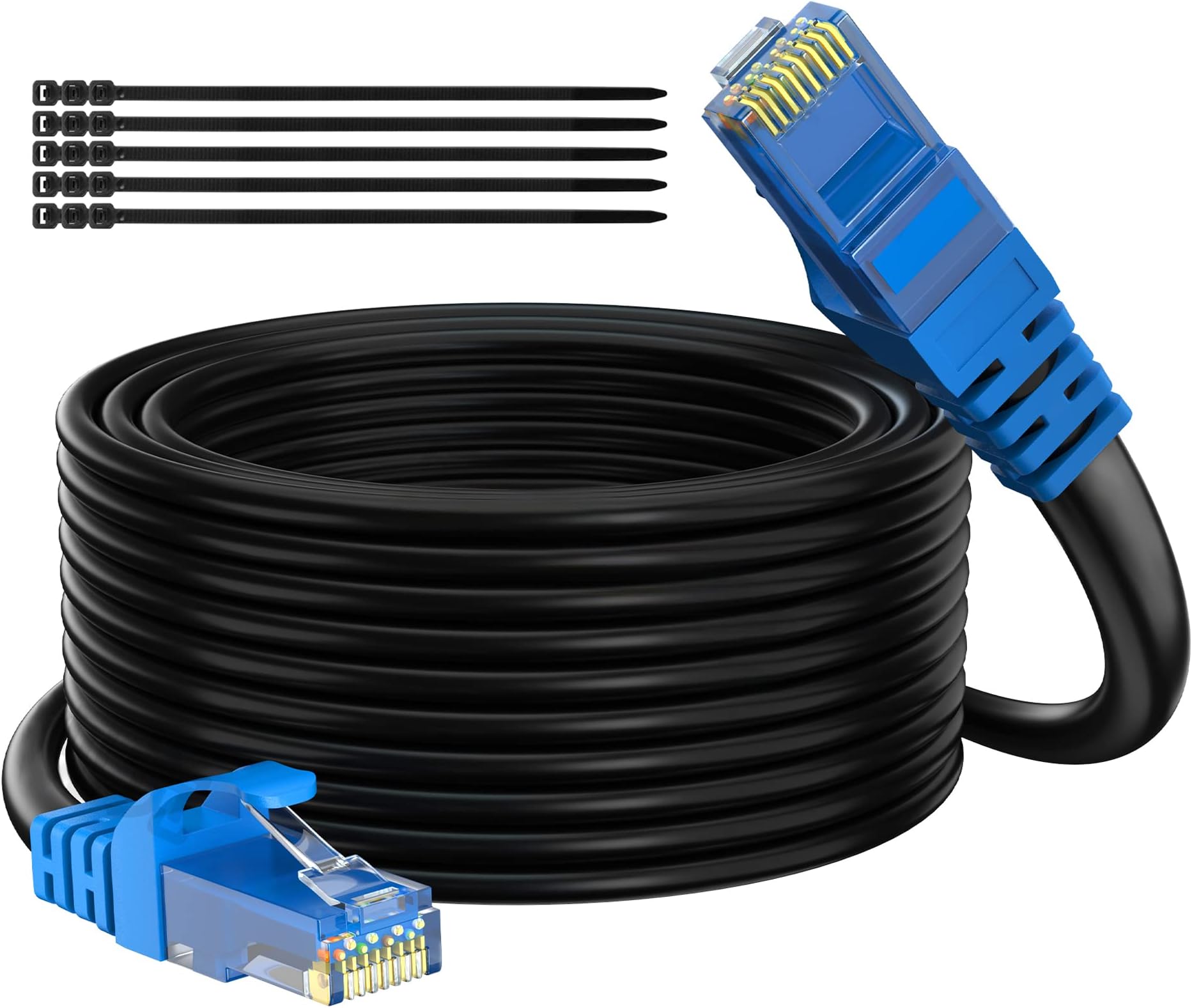 Adoreen Cat 6 Outdoor Ethernet Cable 100 Ft Black, High Speed Heavy Duty Long Internet Network Cable for POE Camera Cat 5 5e RJ45 LAN Patch Cable Cord, Sturdy Waterproof Direct Burial+25 Ties