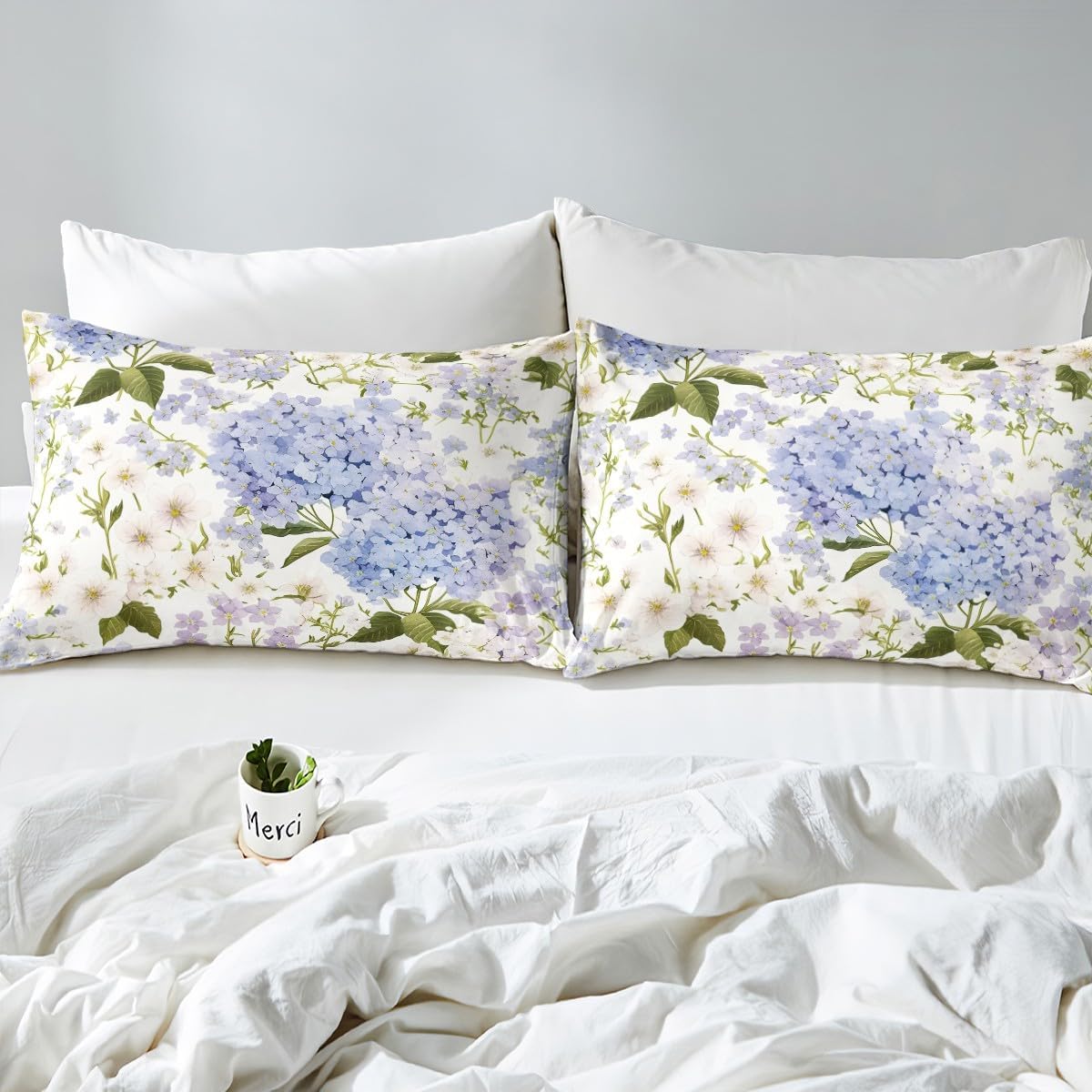 Feelyou Hydrangea Bedding Set King Size Kids Hydrangea Floral Comforter Cover Set Teens Garden Flowers Duvet Cover Natural Theme White Blue Bedspread Cover Room Decor Quilt Cover,No Comforter
