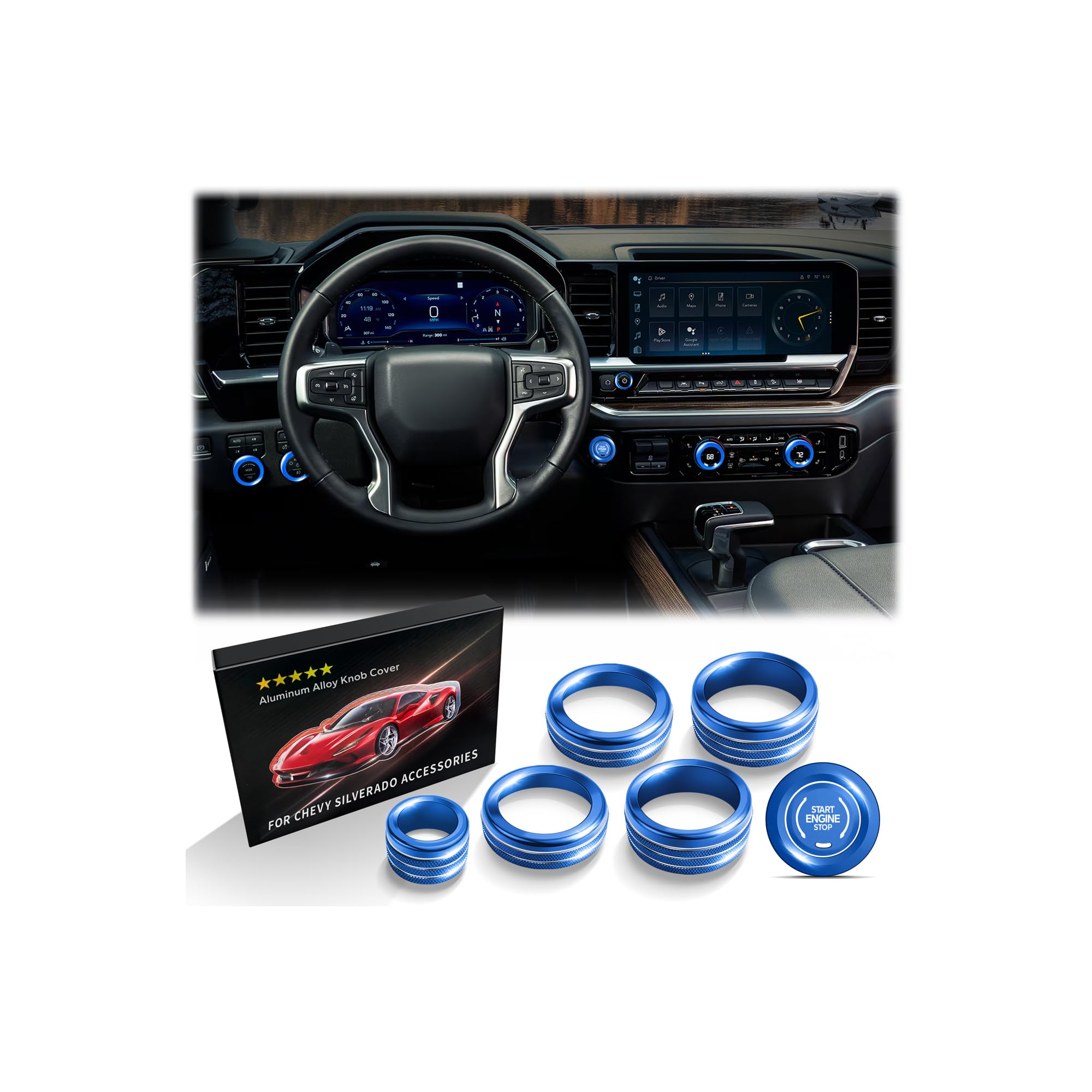 Polodunn for 2022-2025 2026 Chevy Silverado 1500 Accessories &amp; 2024-2026 Chevrolet Silverado 2500HD/3500HD, 7pcs Aluminum Alloy Knob Cover Trim Kit (Blue) - Push Start, AC, Volume, Headlight &amp; Mode