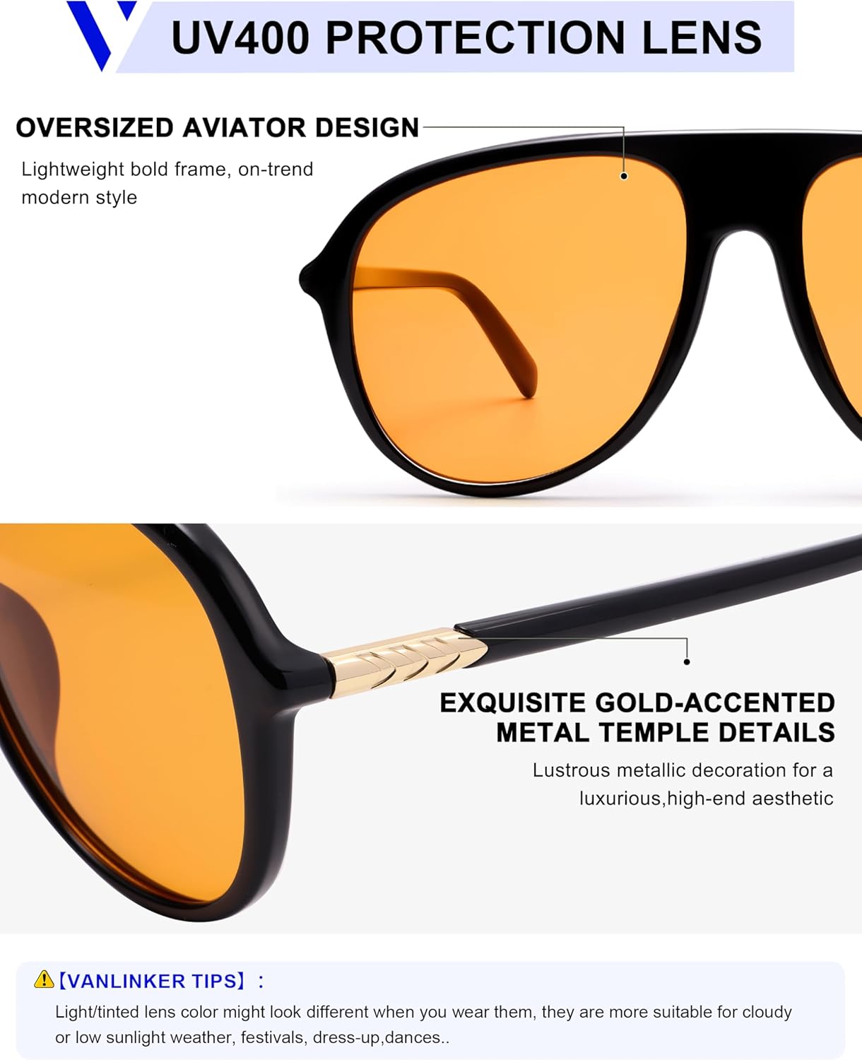 VANLINKER Oversized Aviator Sunglasses for Women Men Trendy Retro 70s Large Big Sun Glasses VL9911 - Image 4