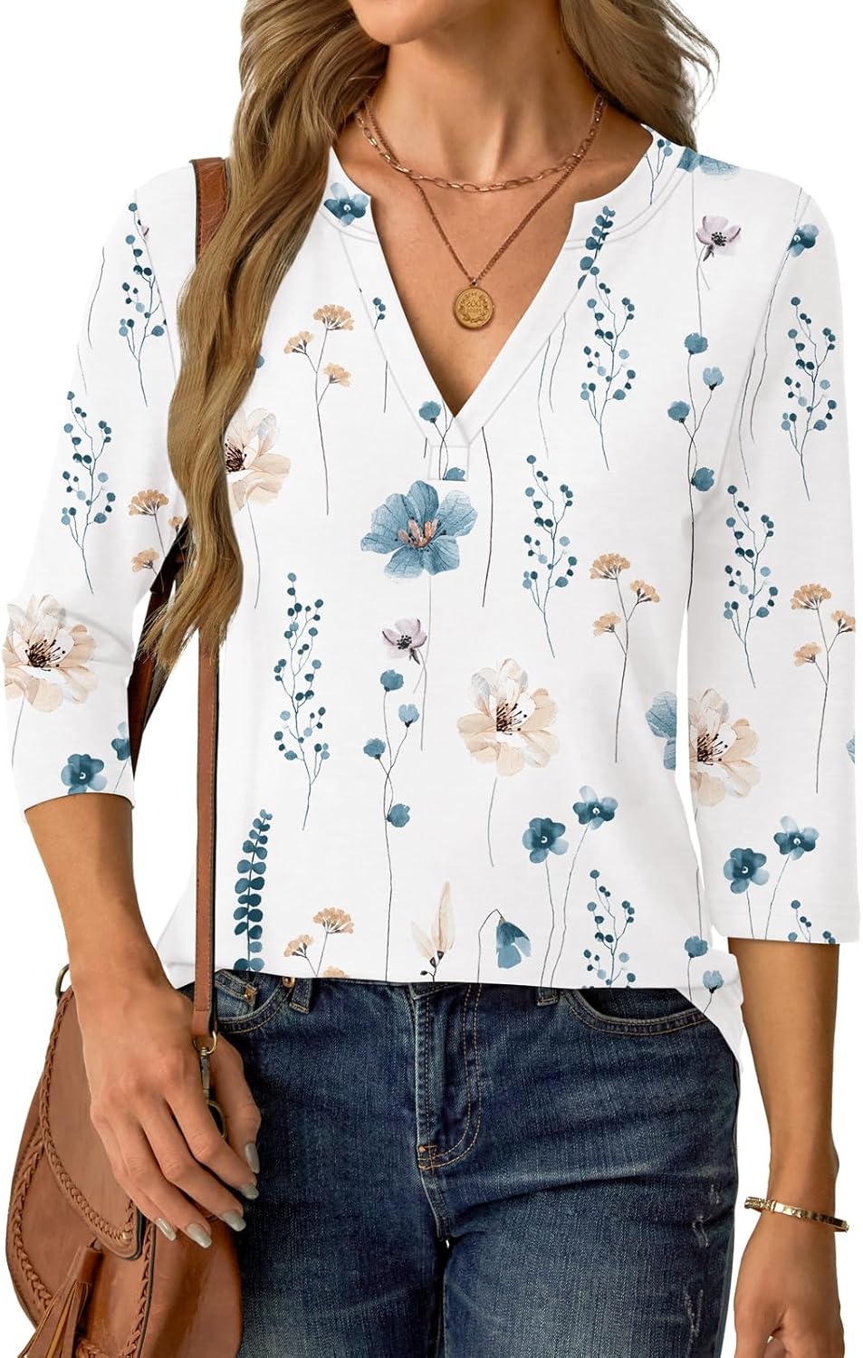 Womens Tops 3/4 Sleeve V Neck Spring Summer Work Tunic Shirts Business Dressy Casual Blouses - Image 2