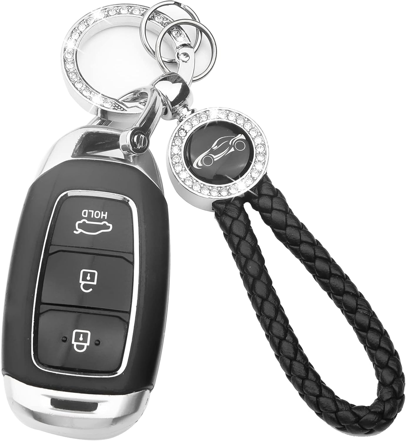 Bling Car Metal Leather Keychain,Universal Leather Key Chain Holder with 360 Degree