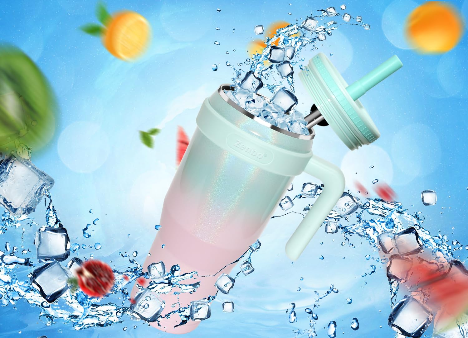 Zenbo 50 oz Glitter Tumbler With Handle, Screw on Lid and Straw | Stainless Steel Insulated Mug Tumbler, Keeps Drinks Cold up to 34 Hours, Fit in Car Cup Holder, Sweat-Proof Body, Dishwasher Safe