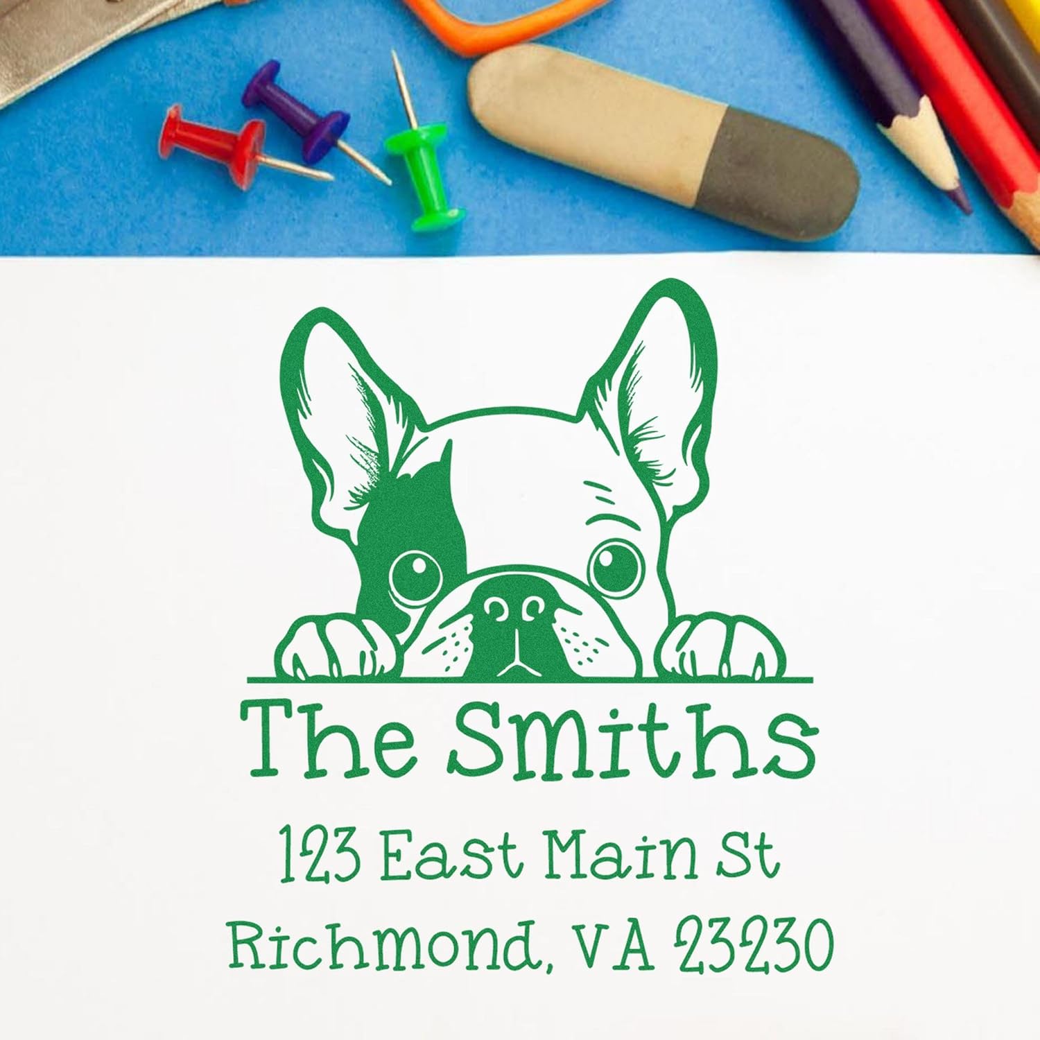 Customized Self-Inking Return Address Stamp with French Bulldog Design, Personalized French Bulldog Puppy Dog Stamp, Ideal for Home or Office, Available in 11 Vibrant Ink Colors, Size 1-5/8