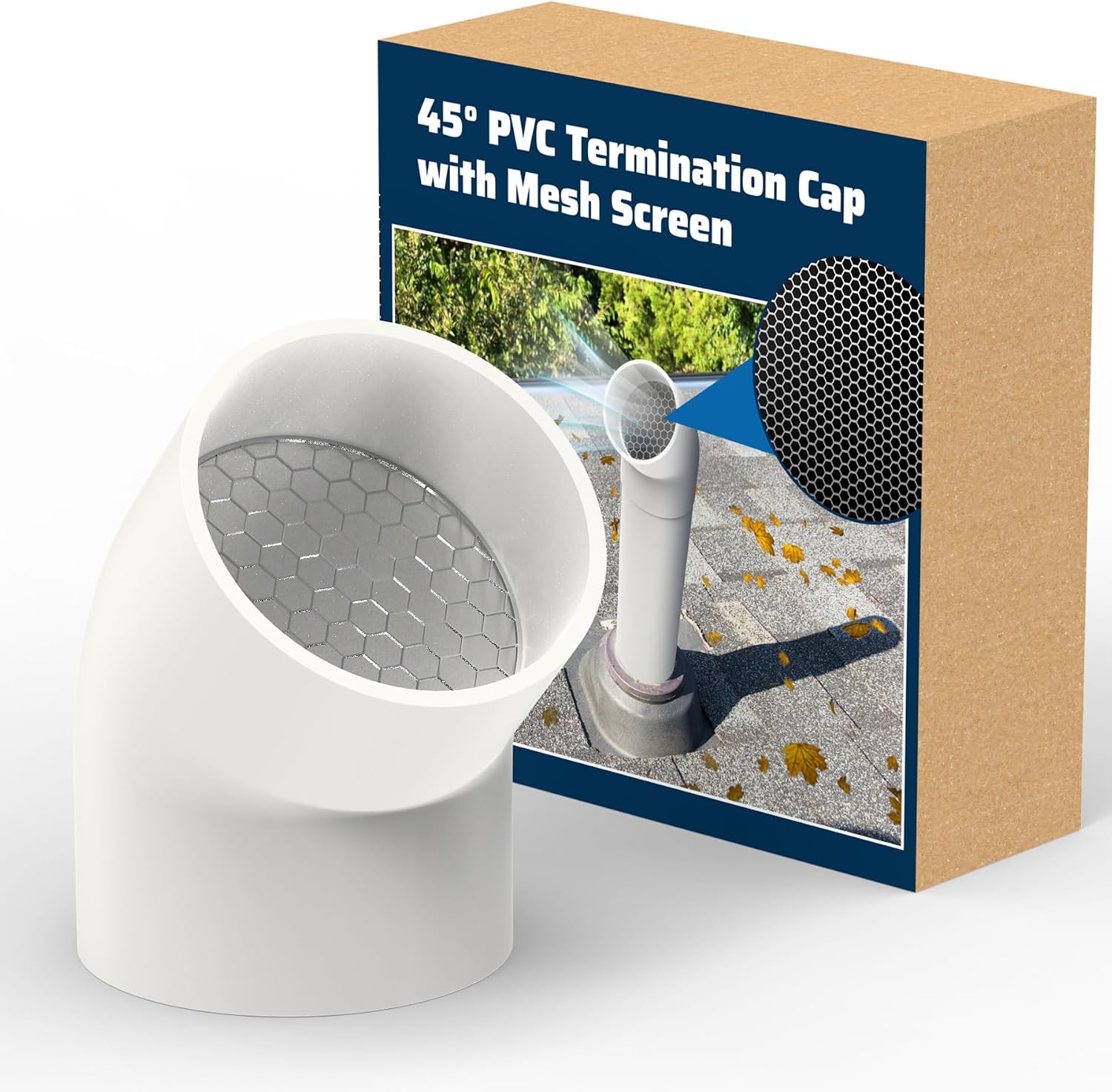 PVC Vent Termination Cap, 1 Pcs Roof Vent Cap with Pipe Screen, 45-Degree Elbow for 2" Schedule 40 Round PVC Pipe, Vent Cover with Stainless Steel Mesh Screen for Blocking Leaves