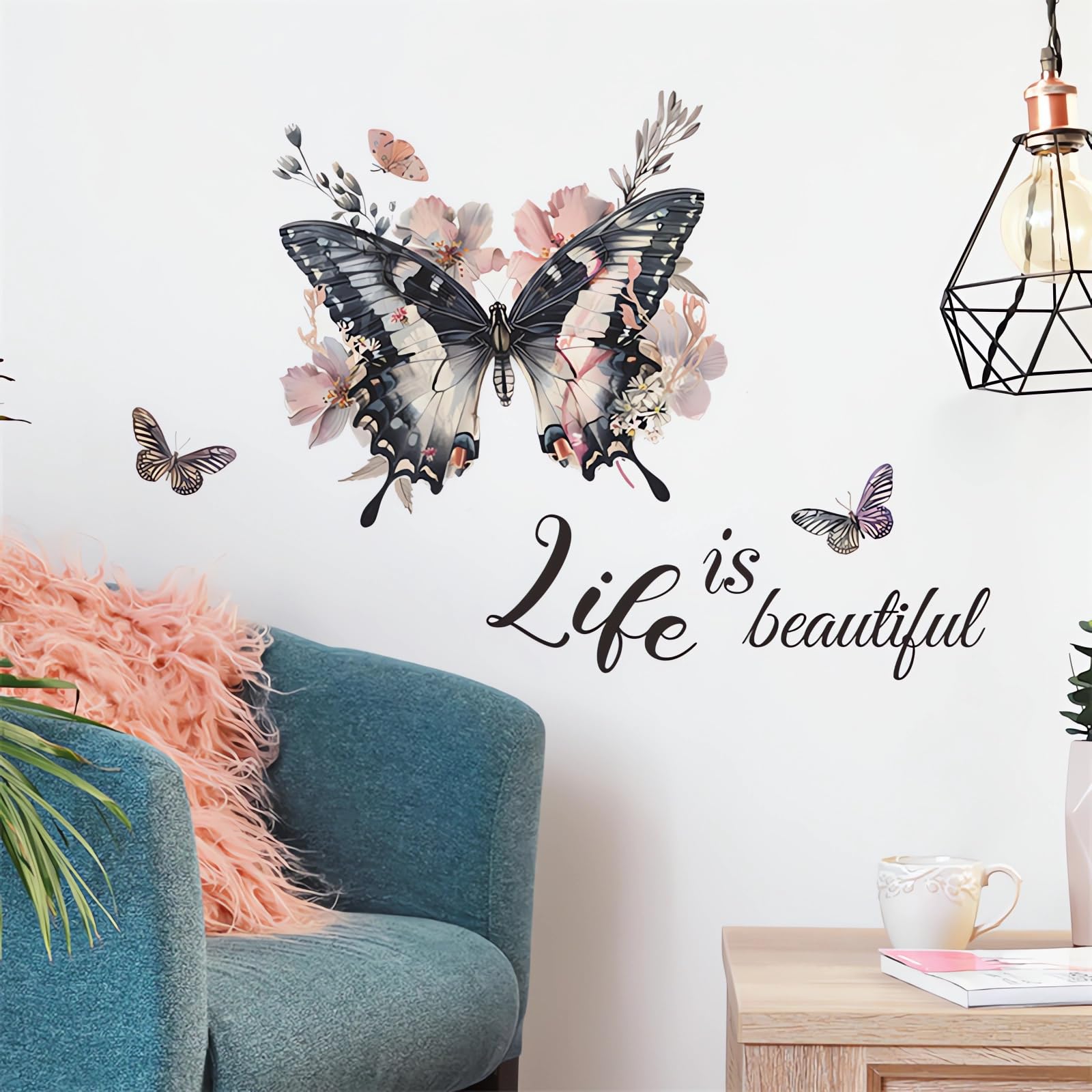 Calcomanías de pared personalizadas de mariposa negra, calcomanías de pared con diseño de mariposas «Life is Beautiful», vinilo extraíble para despegar y pegar para sala de estar,