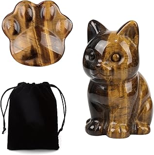 2er Pack Tigerauge Kristall Katze & Pfote Figur, Naturheilsteine handgeschnitzte Statue, Schreibtischdeko mit Samtetui