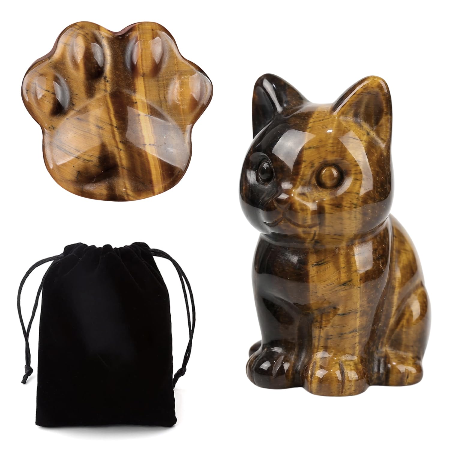 HIVTE 2 Pack Tiger Eye Crystal Cat & Paw Figurine, Natural Healing Crystals Hand Carved Statue, Desk Decor with Velvet Pouch