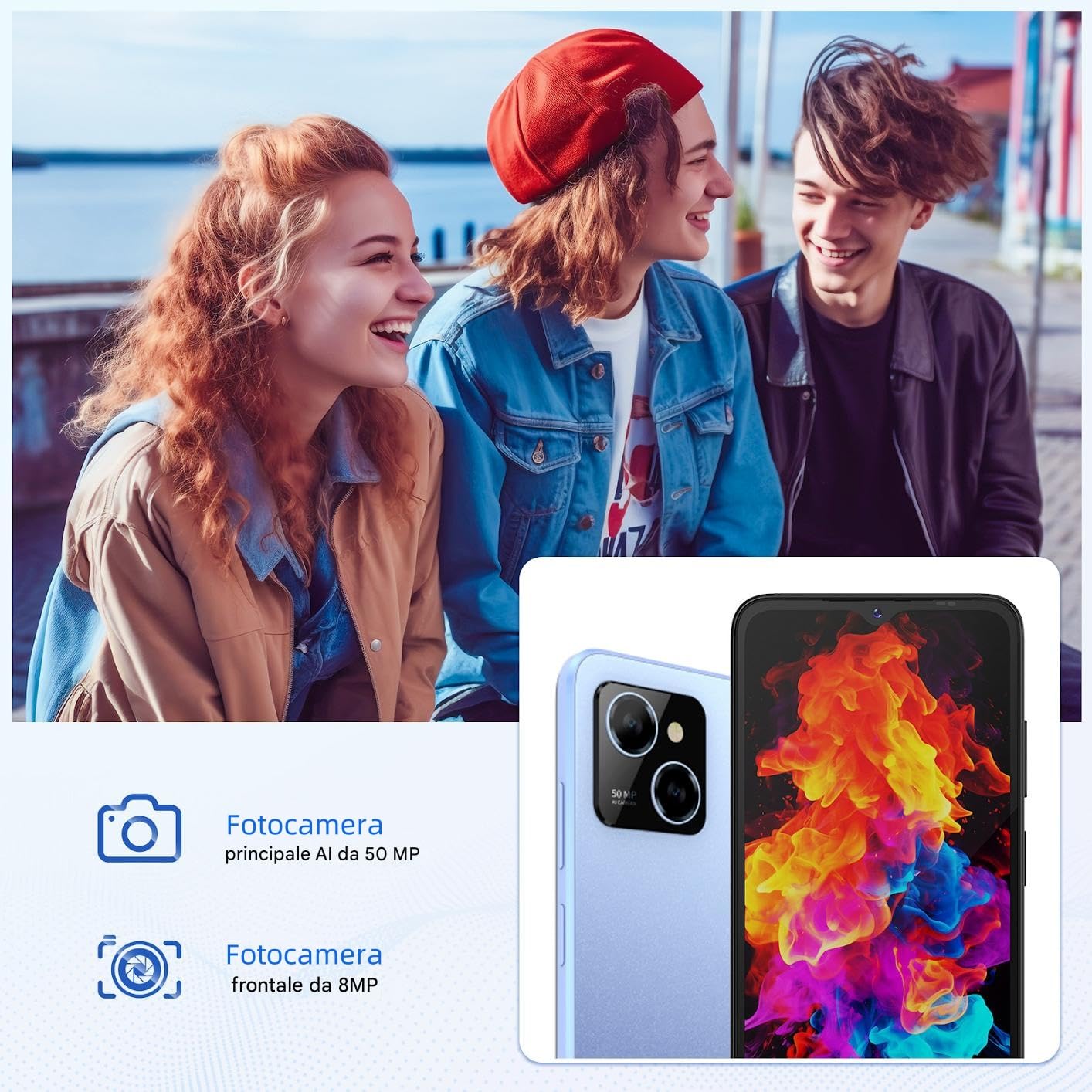 redbeat E3 Gaming Phone Android 14 Smartphone Sbloccato - 1.6GHz Processore Octa-Core 6.6" HD 12GB RAM 256GB ROM (1TB Espandibile),5000mAh Battery,4G LTE Dual SIM,50MP Camerca Telefono Blu