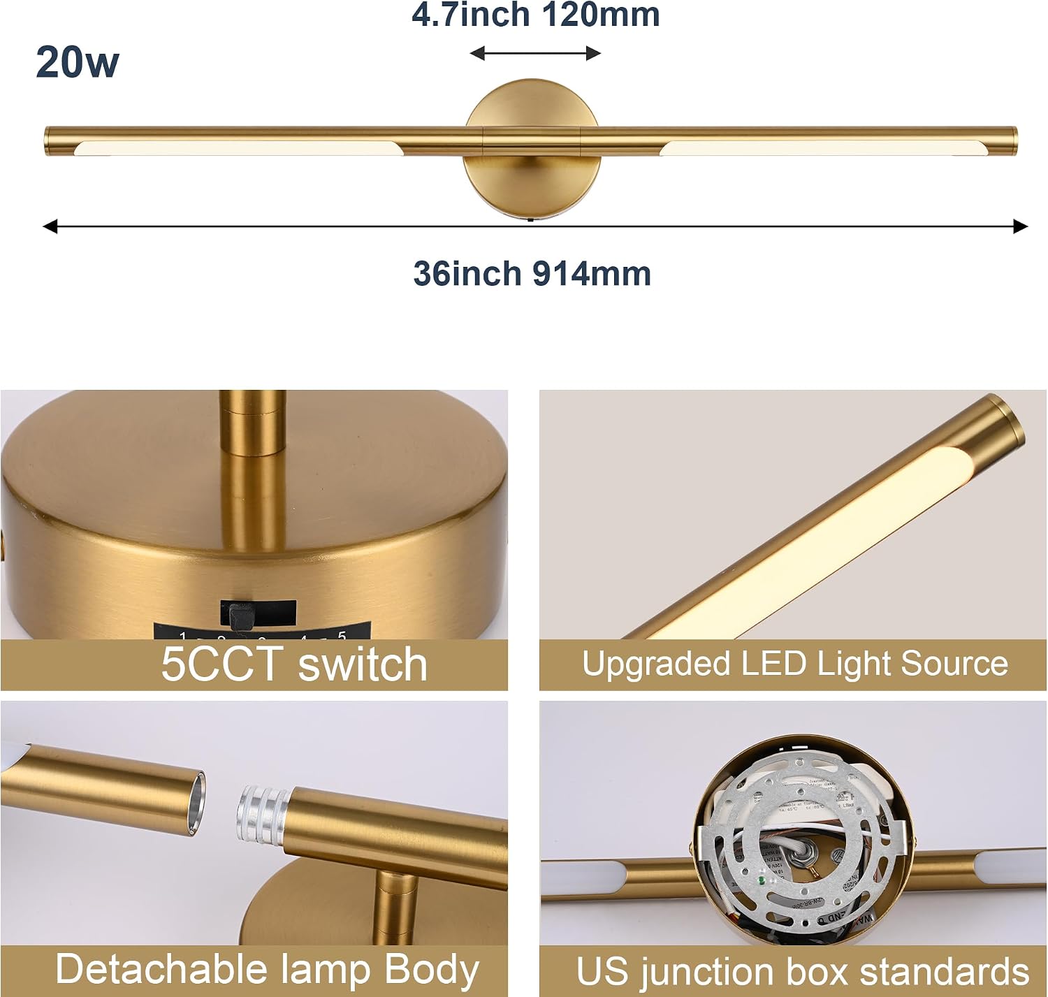 BONLICHT Brushed Brass Vanity Lights 36 Inch Gold Bathroom Light Fixtures 5CCT Dimmable Vanity Light Bar 20W 350°Rotatable LED Bathroom Lighting Over Mirror Modern Wall Sconce for Hallway Powder Room