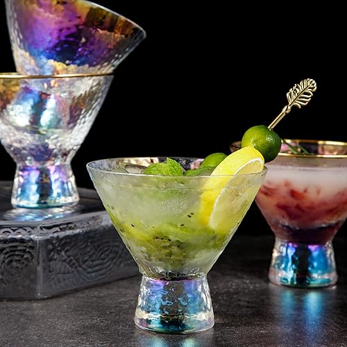 Miniatura 9 de Lysenn Juego de 2 vasos de Martini iridiscentes sin tallo, vasos de cóctel martillados de alta calidad para bodas, aniversarios, Navidad, fiestas,