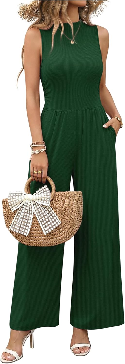 Ekouaer Summer Jumpsuits for Women Casual Mock Neck One Piece Outfits Sleeveless Formal Wide Leg Pants Romper with Pockets