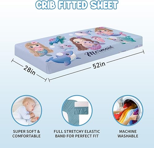 Miniatura 5 de Juego de ropa de cama personalizado para cuna  Cómodo juego de cuna de 5 piezas con diseño de sirena para niñas  Manta con nombre personalizado con