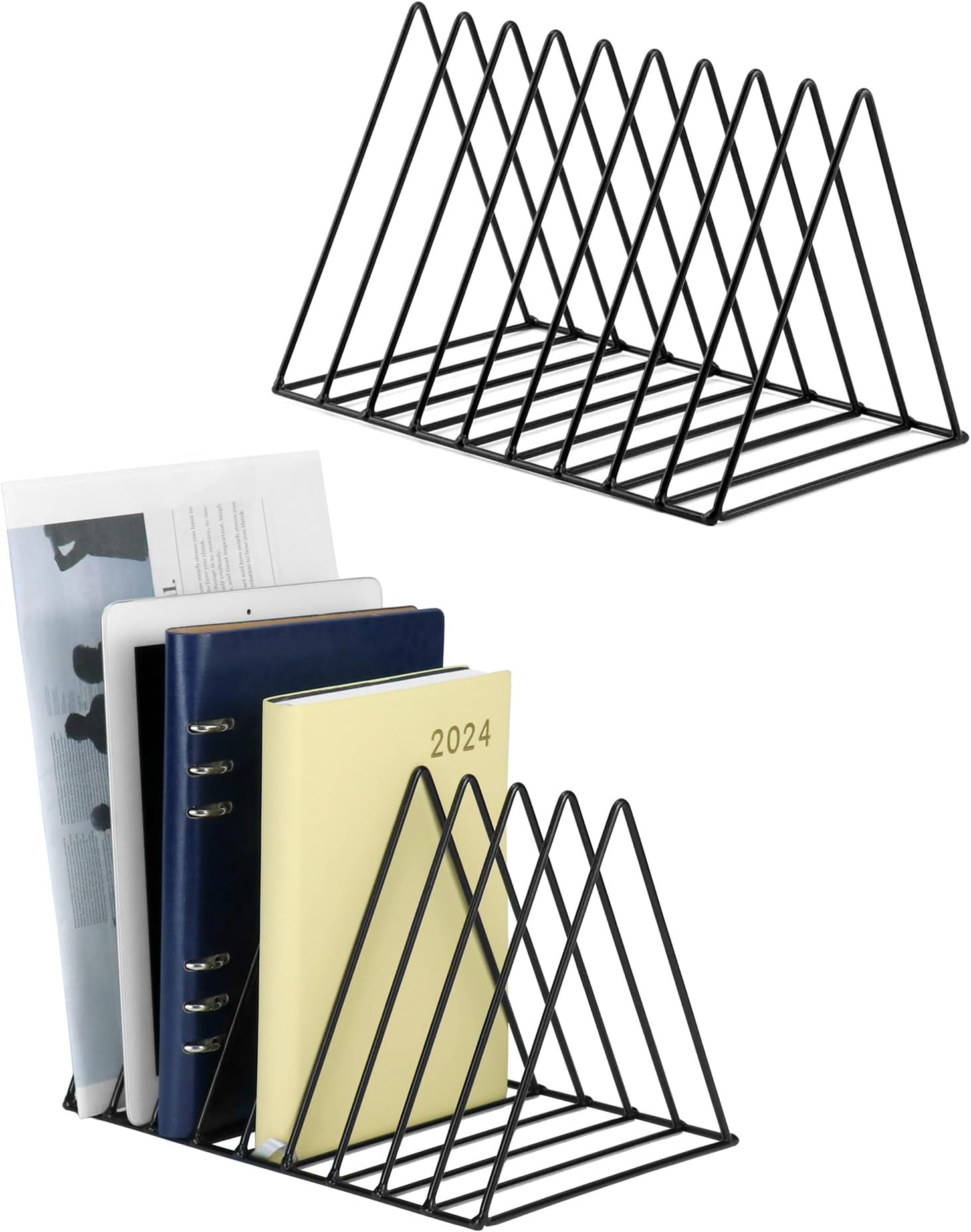 QWORK® 2 Pack Triangle Book Organiser, File Rack Book Storage Rack, 9 Slots, Magazine Stand, To Store Magazines, Books, Photo Albums