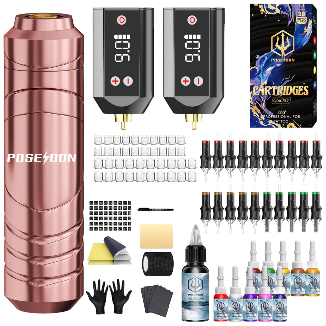 POSEIDON Wireless Tattoo Pen Kit for Beginners with Dual 1200mAh Batteries
