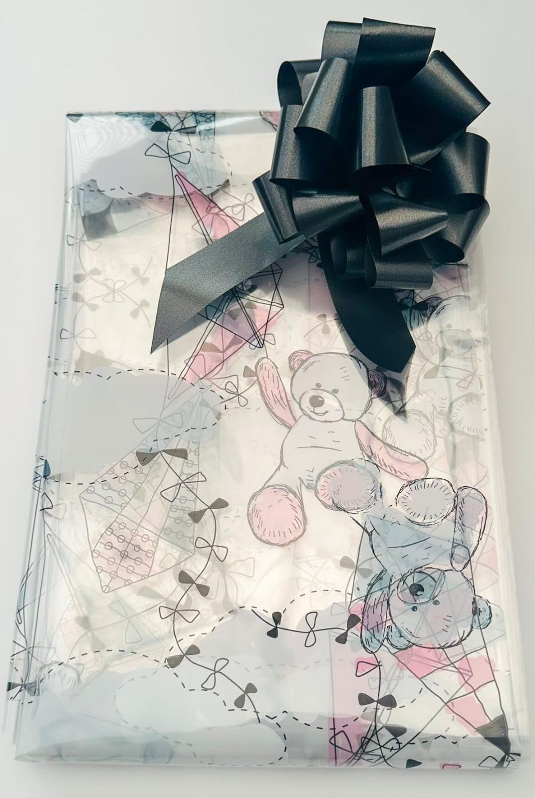 ShredAstic® Baby Print Bears flying Kite Florist Cellophane wrap with 30mm Pull Bow (5 Metres, Black)