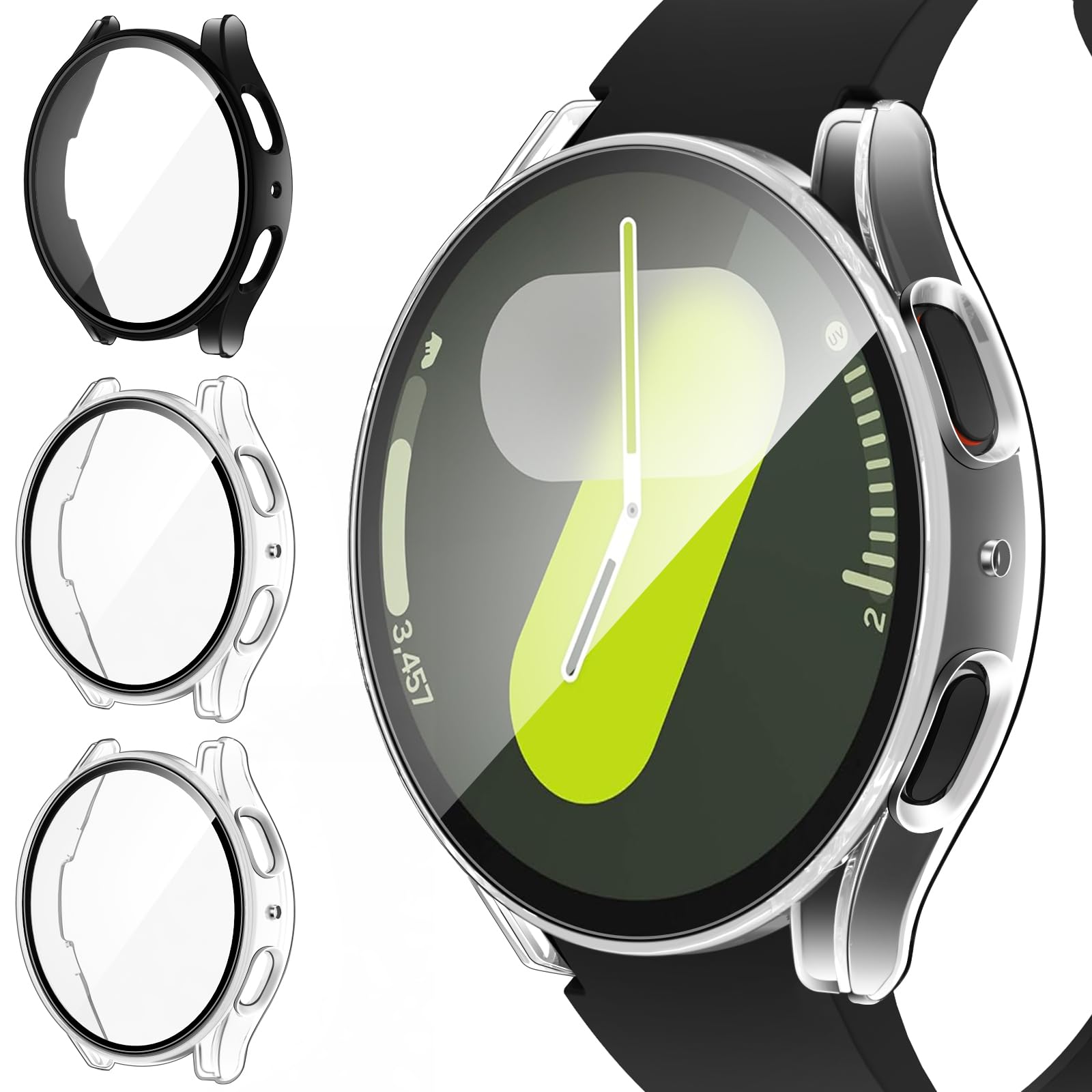 ivoler 3 Piezas Funda para Samsung Galaxy Watch 7 44mm (No para Samsung Galaxy Watch 7 40mm), Protección Completa Protector de Pantalla de Cristal Vidrio Templado Carcasa, 2 Transparente + 1 Negro