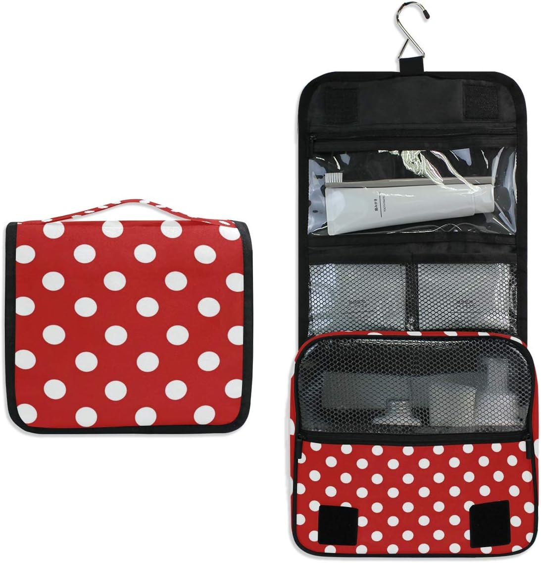Bardic Hanging Travel Toiletry Bag for Women, Polka Dot Print Travel Makeup Bag Red White Polka Dot Portable Cosmetic Bag Travel Organizer for Toiletries Accessories