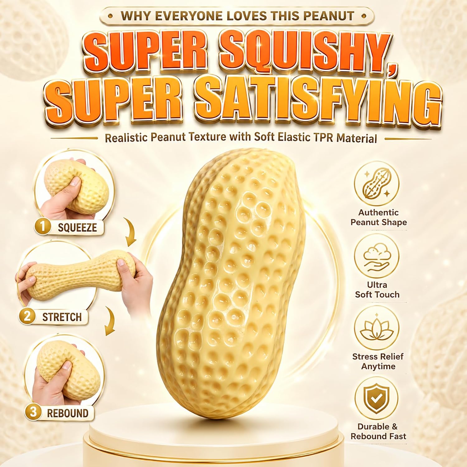 Crunchy Peanut Squishy Squeeze Toys Food-Shaped Stress Relief Squeezy Clay Large Cheese Fidget Ball Slushy Hand Squishies Juguetes para Apretar Giant Peach Bannana Mashed Potato for Adult