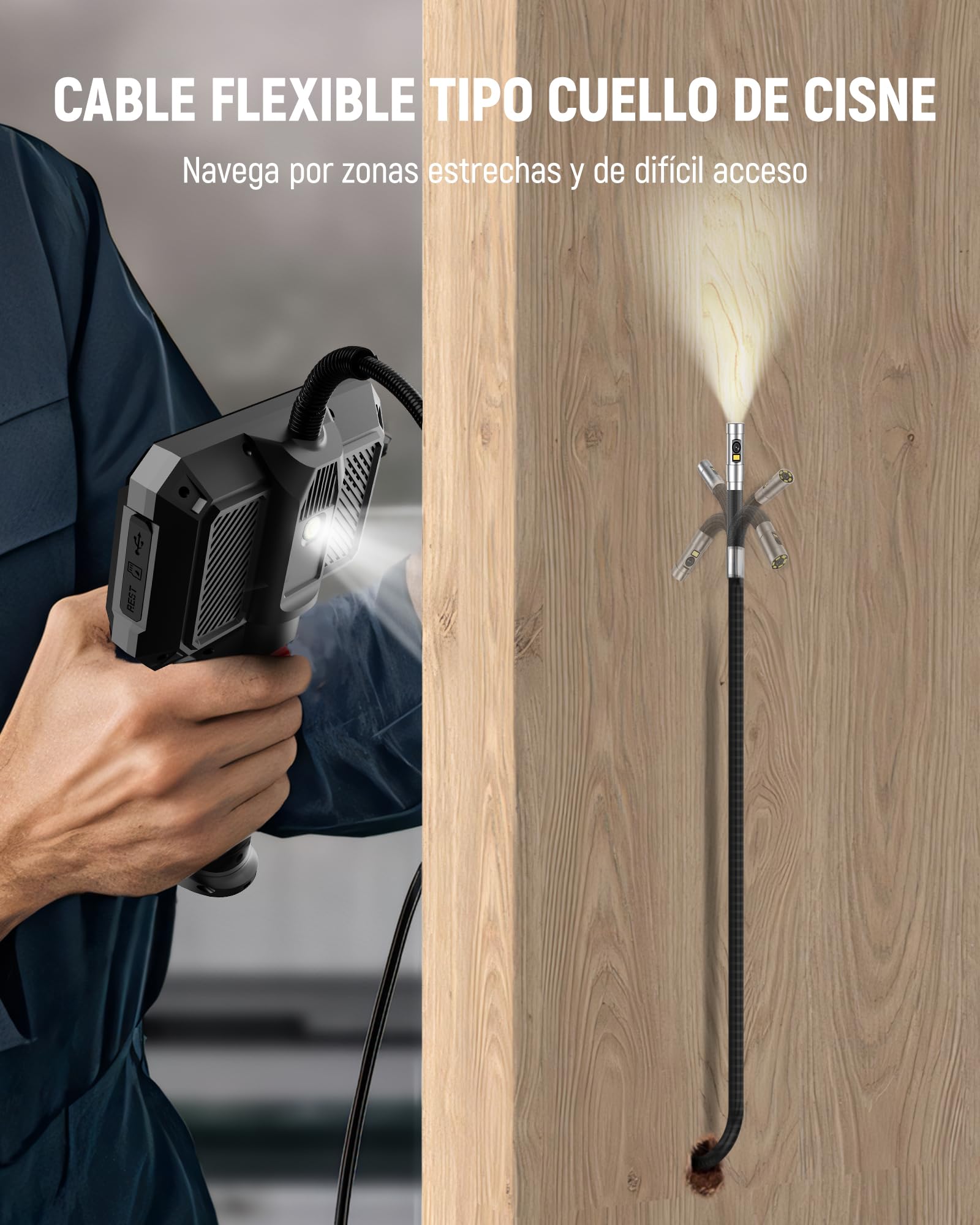 KAIWEETS Cámara Endoscópica con Luz, Doble Lente 210° Articulada con Control de Rueda, Sonda Delgada de 6,5 mm, Pantalla IPS 1080P, Cable Semirrígido de 1,6 m, IP67 Impermeable para Automoción y HVAC