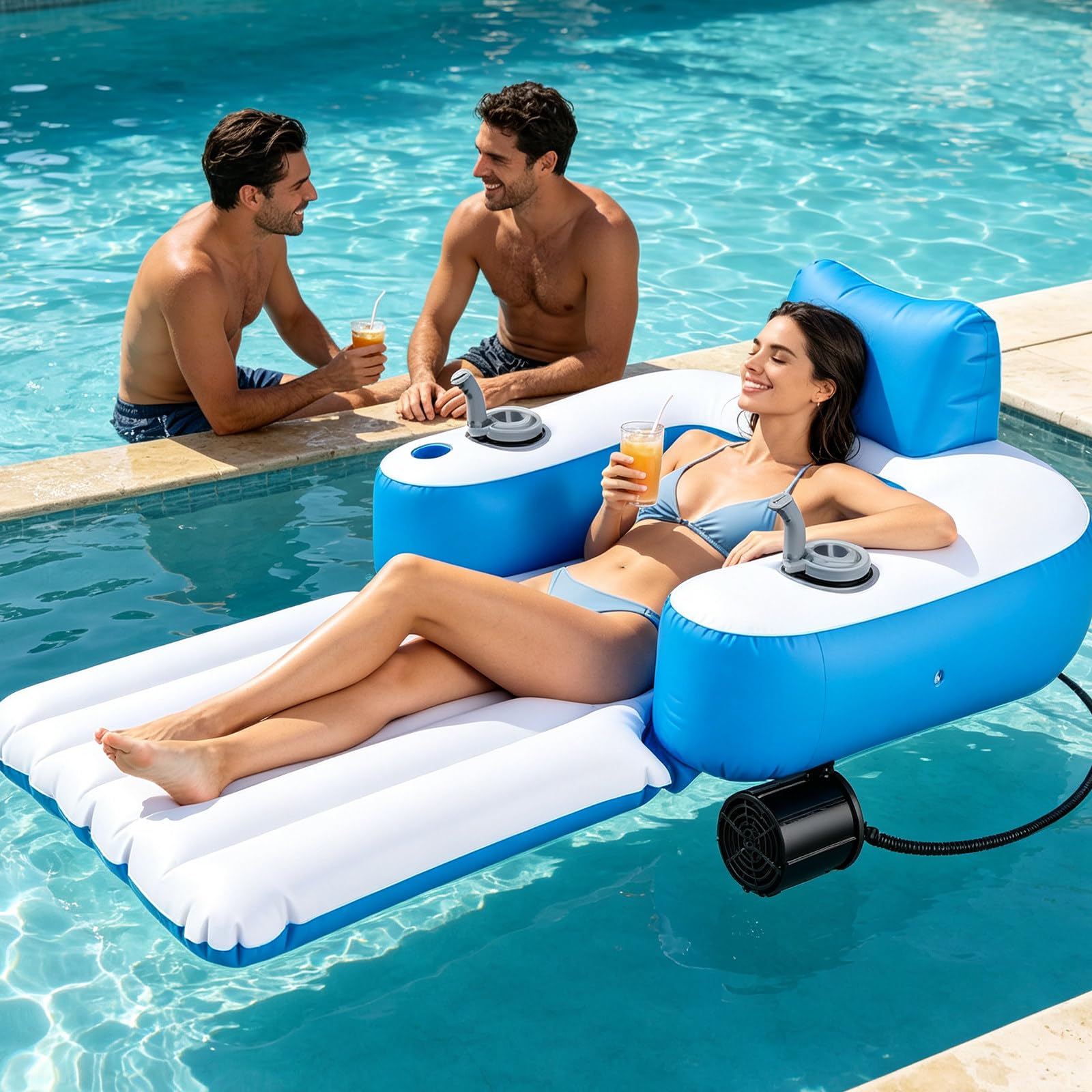 Flotador De Piscina Motorizado con Hélice Giratoria De 360°,Tapete Flotante De PVC Suave, Tumbona Portátil para Río, Lago, Playa Durante El Verano, Mujeres, Hom-bres BatteryOperated-B