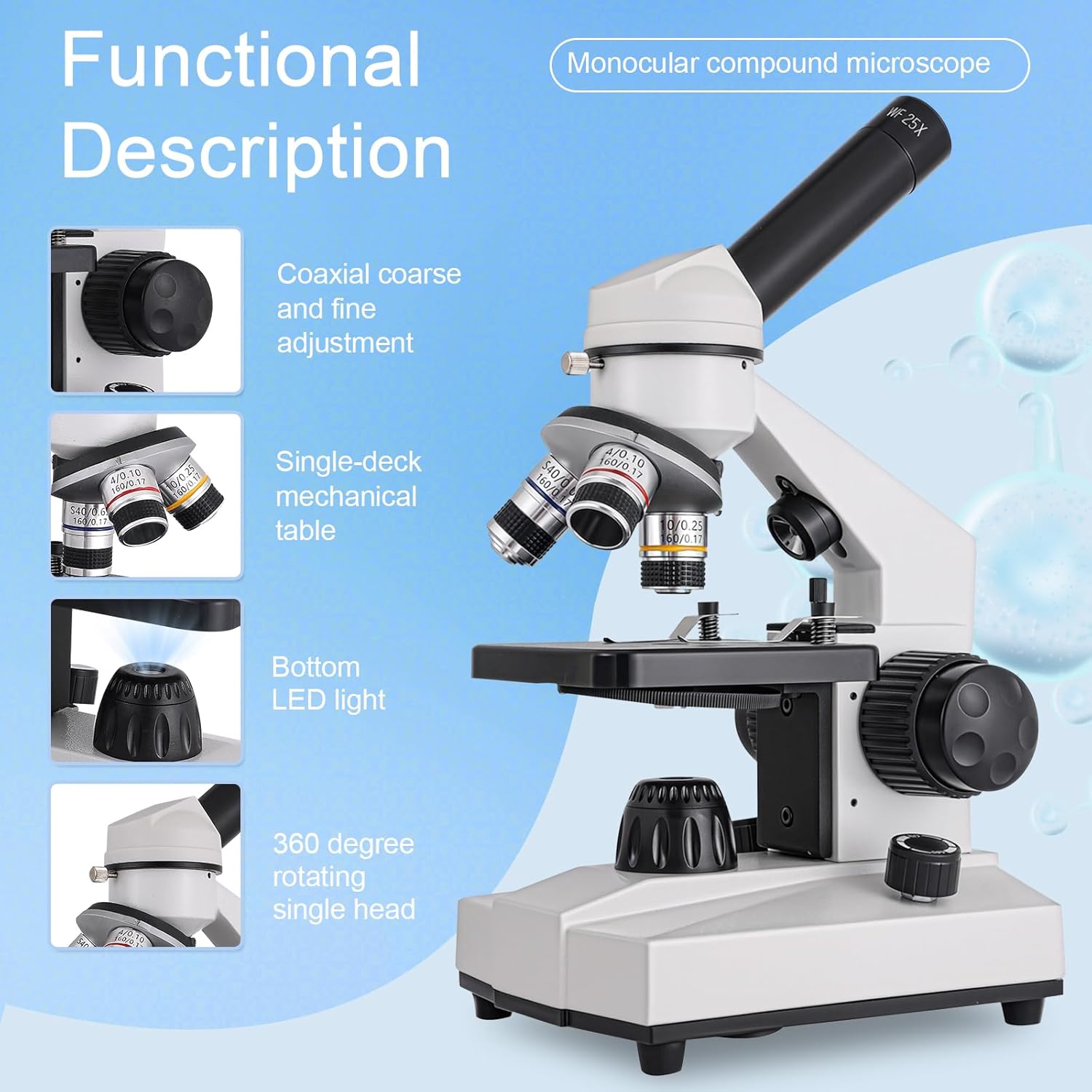 Powerful Biological Microscope for School Labs Homeschooling 40x-2000x Magnification Coaxial Coarse and Fine Adjustment, Cell Phone Adapter, LED Illumination, for Children Students Adults