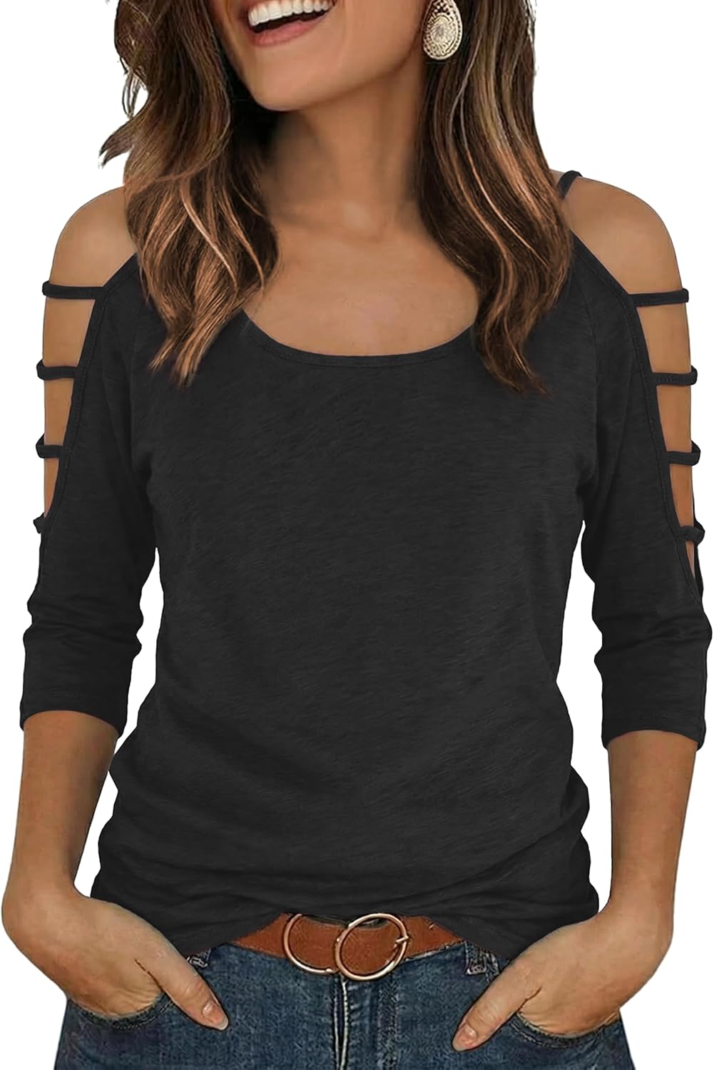 Jar of Love Women's Cold Shoulder Tops 3/4 Sleeve Sexy Going Out T-Shirts for Women Casual Tunic Tops