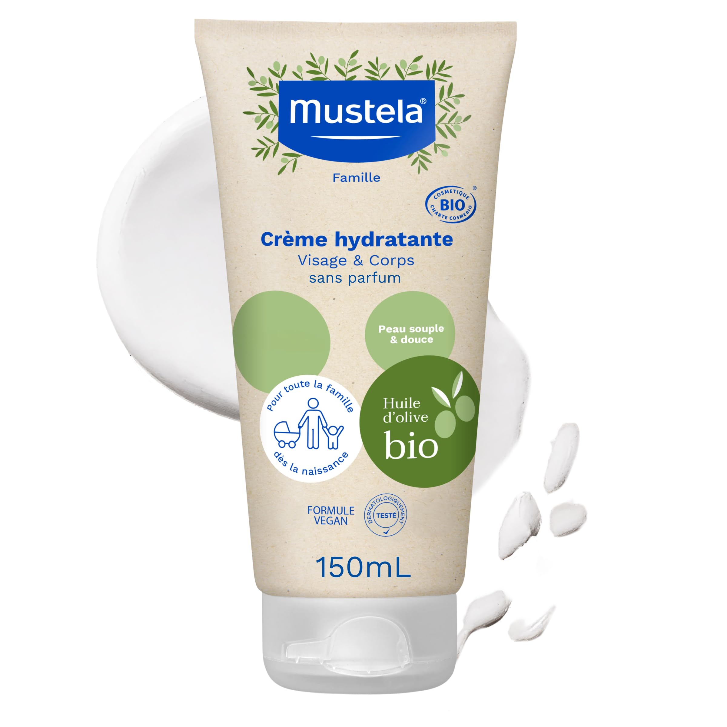 Mustela - Crème Hydratante Bébé à l'Huile d'Olive Bio - Pour Toute la Famille dès la Naissance - Peaux Sensibles - Huile d'Olive, Glycérine et Aloe Vera - Crème Hydratante Visage et Corps Bio