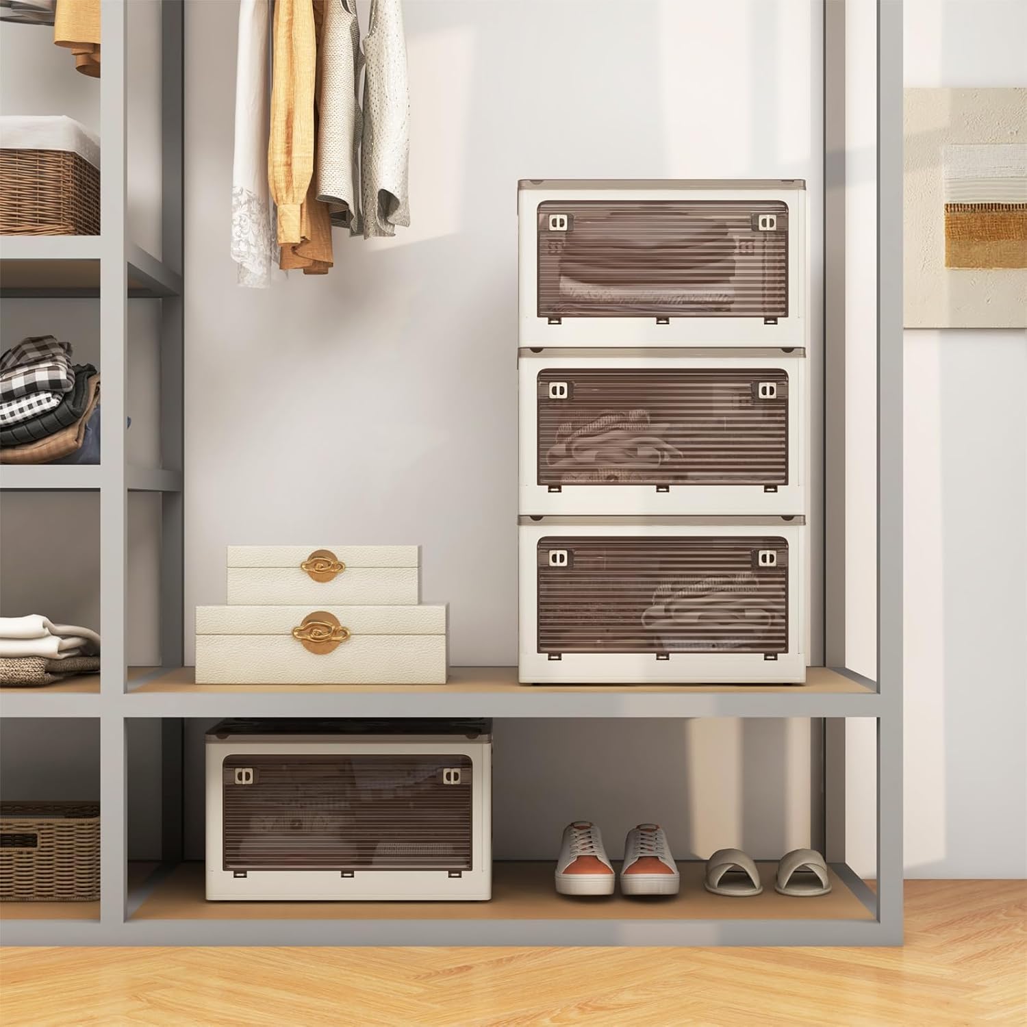 GIANTEX 3 Cajas de Almacenamiento de Plástico Plegables, Capacidad de 90 L/132 L, Contenedores de Almacenaje Apilables con Ruedas, Mueble Organizador para Dormitorio, Salón (51,5x36,5x88cm, 132 L)