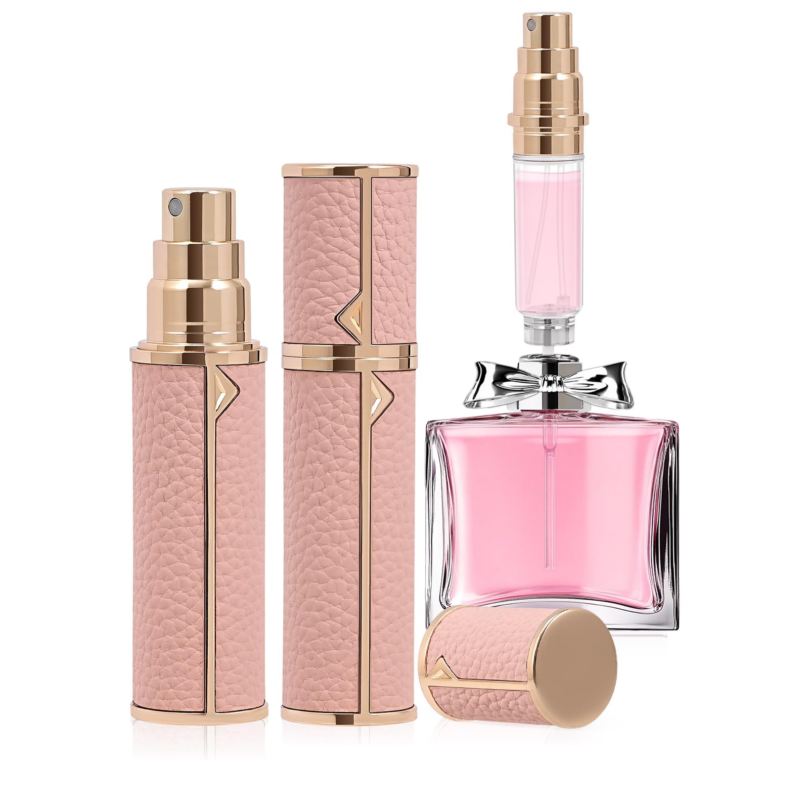 Coxotom Refillable Travel Perfume Bottle – Fine Mist Atomizer, Bottom Fill, Genuine Leather Shell, TSA Approved, For Daily Refresh & Travel (Pink, 5ml