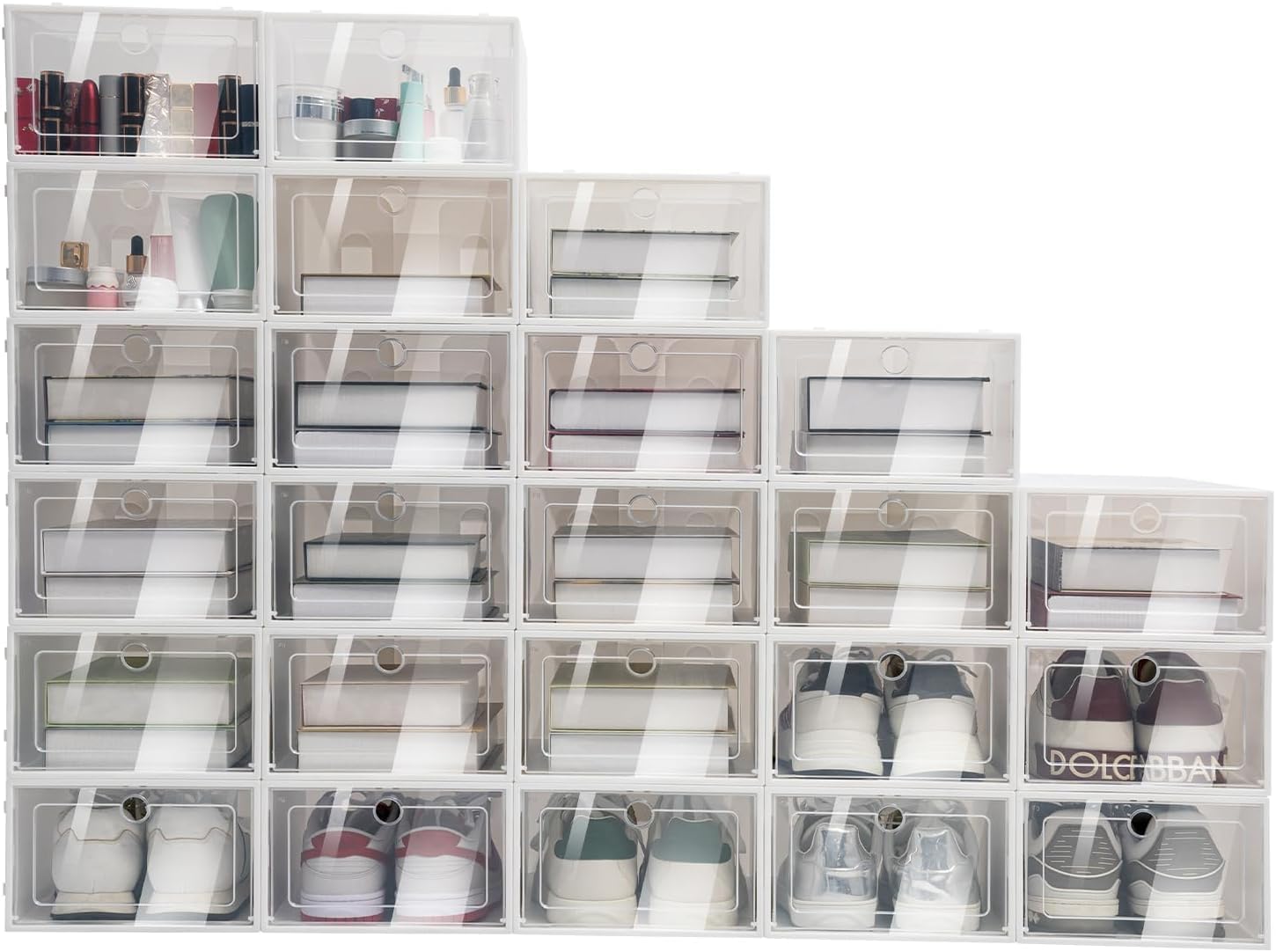 Confezione da 24 scatole per scarpe, impilabili, trasparenti, con coperchio, in PP ABS, per scarpe con tacco alto, fino alla taglia 52