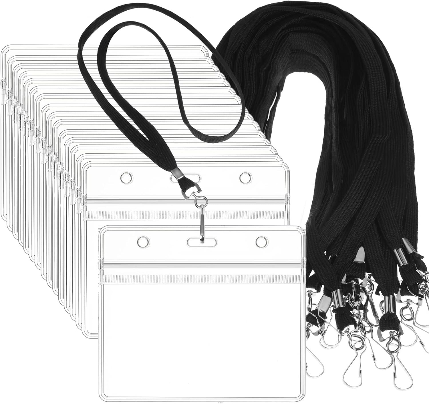 Marspark 100 Sets Clear Lanyard with ID Holder Bulk Flat Lanyard with Retractable Badge Plastic Waterproof Name Badge Holder with J Hook Clip for Business(Cross Style)