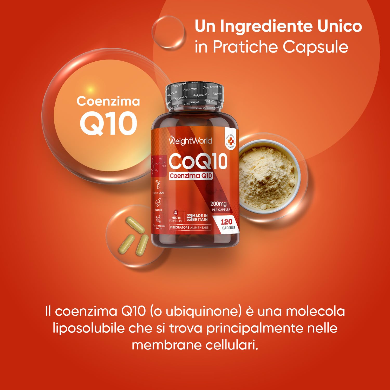 Coenzima Q10 200mg Vegano, Ubiquinone, 120 Capsule, (4 Mesi di Fornitura), 1 Sola Capsula al Giorno, Q10 Coenzima, Integratore CoQ10, Privo di Magnesio Stearato e Senza OGM, Prodotto nel Regno Unito