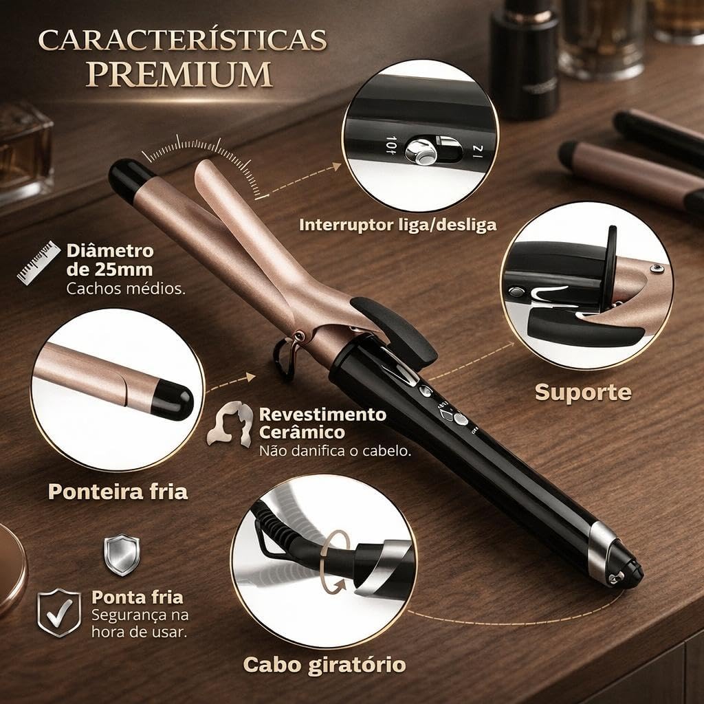 Infográfico detalhando as características premium do modelador como diâmetro, revestimento e cabo