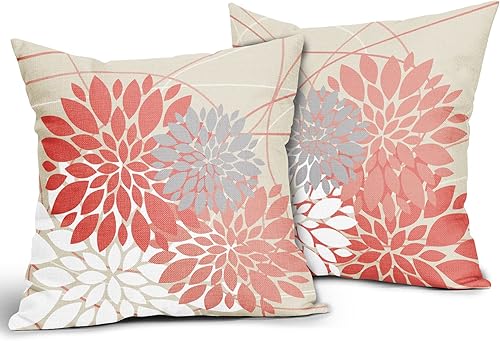 Miniatura 2 de Juego de 2 fundas de almohada coral de 18 x 18 pulgadas, diseño de flores de dalia oscuro y rosa coral claro, decoración de exteriores para el