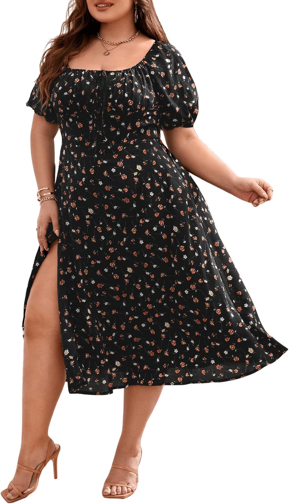 Women's Plus Size Floral Print Tie Front Square Neck Slit Hem Midi Dress