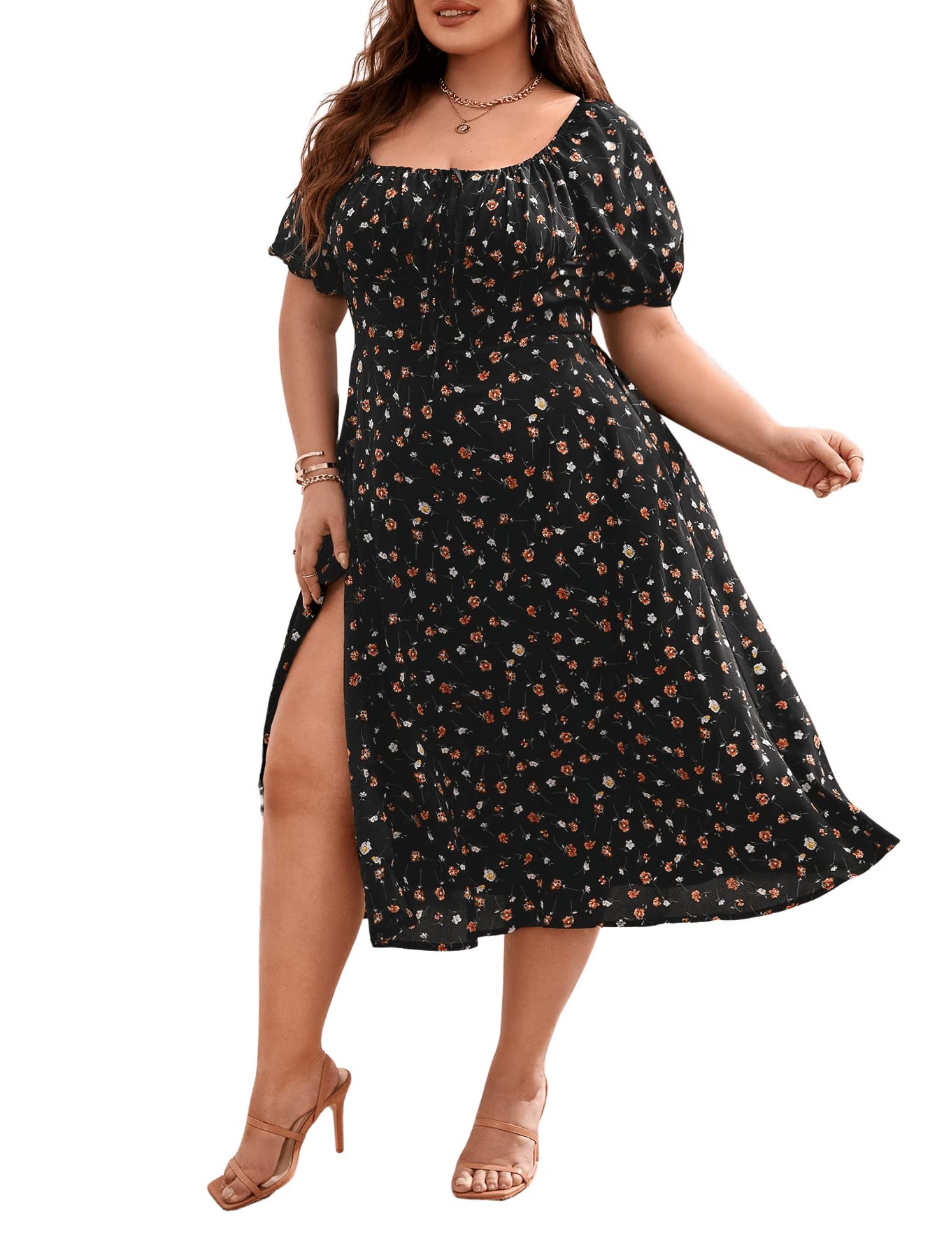 Floerns Women's Plus Size Floral Print Tie Front Square Neck Slit Hem Midi Dress