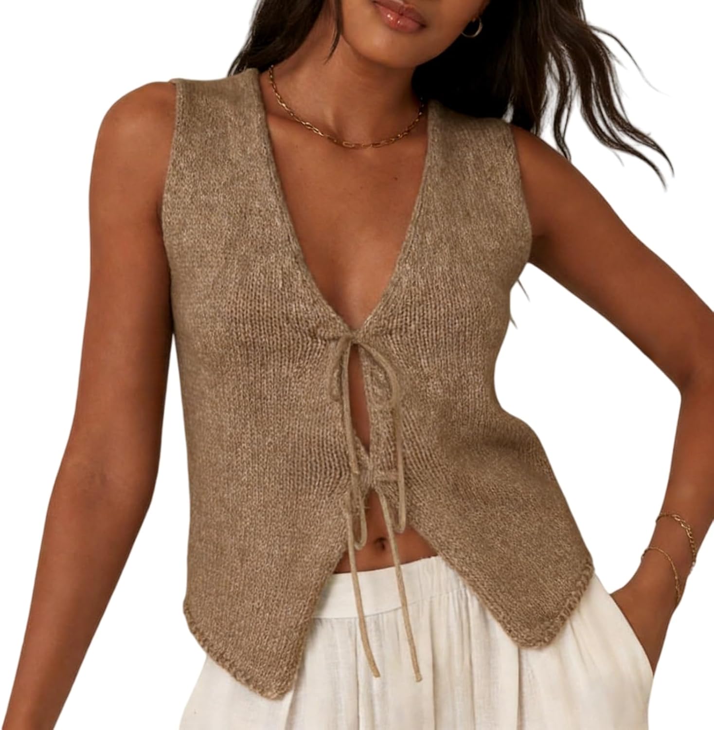 Women Sleeveless Knit Vest Top V Neck Open Front Tie Up Crochet Crop Top Casual Vintage Y2k Sweater - Image 2