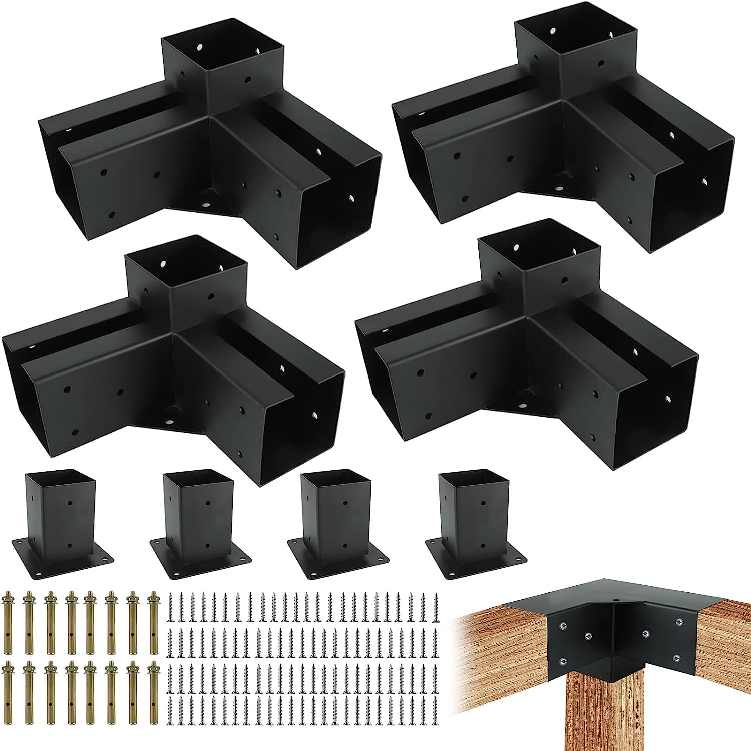 Kit de 4 Soportes de Esquina para Pergola y Gazebo YUEWO, Brackets de Ángulo Recto de 3 Vías para Vigas de Madera de 4x4 pulgadas (3,9x3,9 pulgadas) miniatura 1