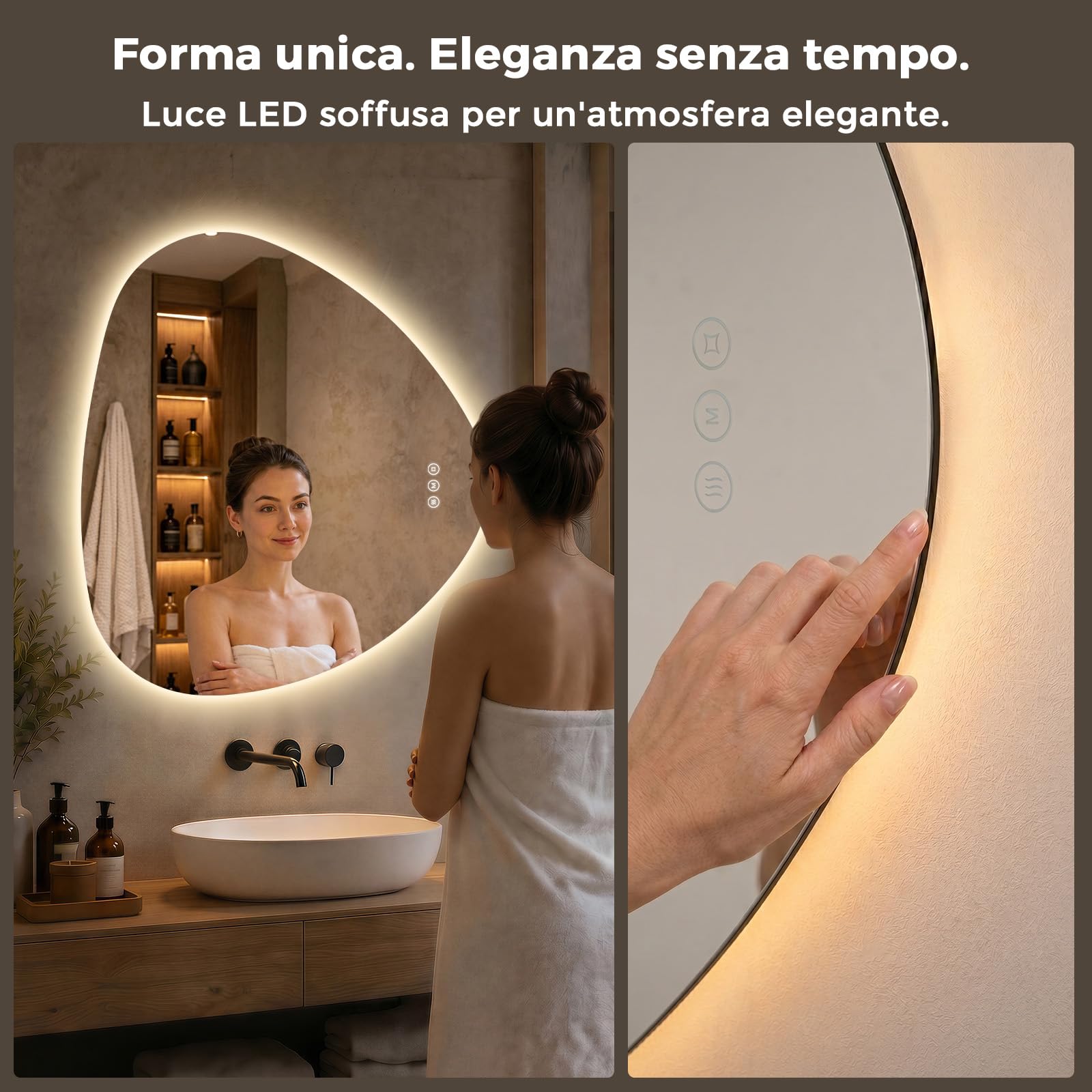 Specchio Bagno LED 60 x 70 cm, Retroilluminato, Senza Cornice
