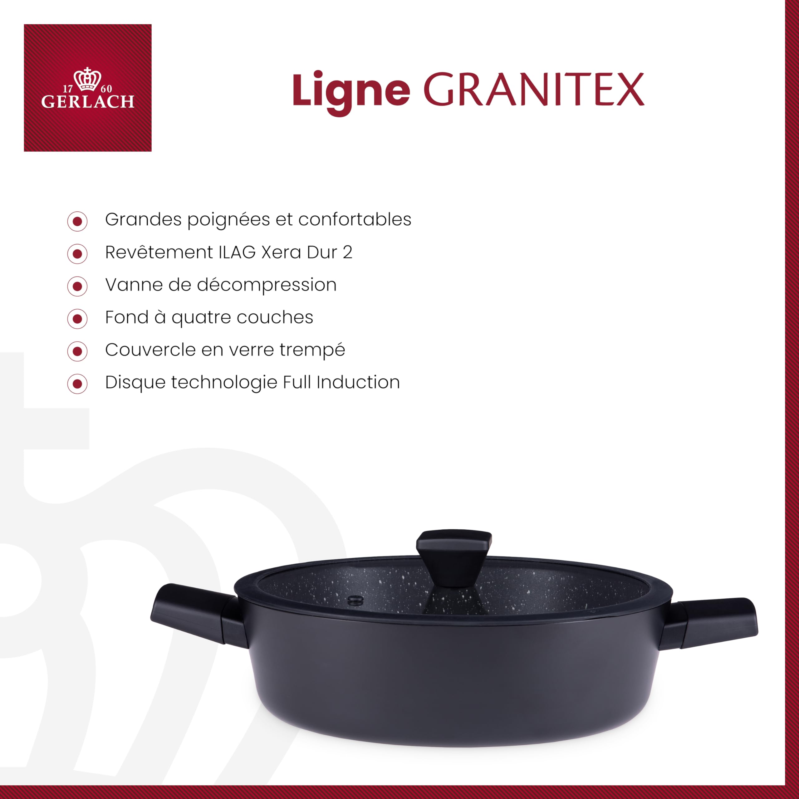 Gerlach 1760 Faitout Ø28 cm Tous Feux Dont Induction Couvercle En Verre Revêtement Antiadhésif Ilag Xera Dur 2 Ceramic Granitex